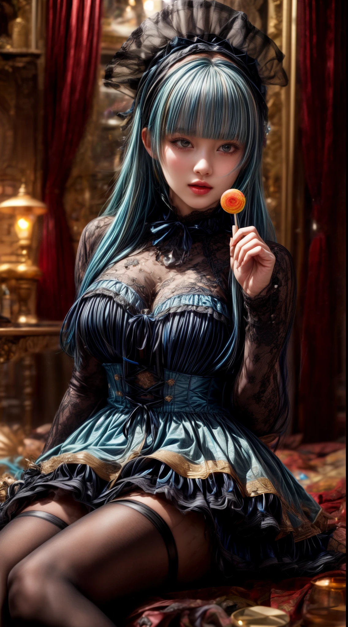Light blue hair、Black Hair、((Two-tone hair))、Black Lolita dress with delicate light blue decoration、Slender women、Cute Woman、 8K Ultra HD,Detailed face、Delicate texture, Long Hair、(((Blunt bangs)))、(((Drill Hair)))、Tutu skirt、Thigh-length tights、short boots、((Sweet Lolita))、mini skirt、A room in a Western-style building、((Delicate photo)),(Girl Astepeace RAW Photo Details:1.25), (highest quality:1.6), (超A high resolution:1.5), (Realistic:1.75), 8K resolution, Canon EOS R5, 50mm, Absurd, Super detailed,Cinema Lighting、((Lollipop and whiskey glass))