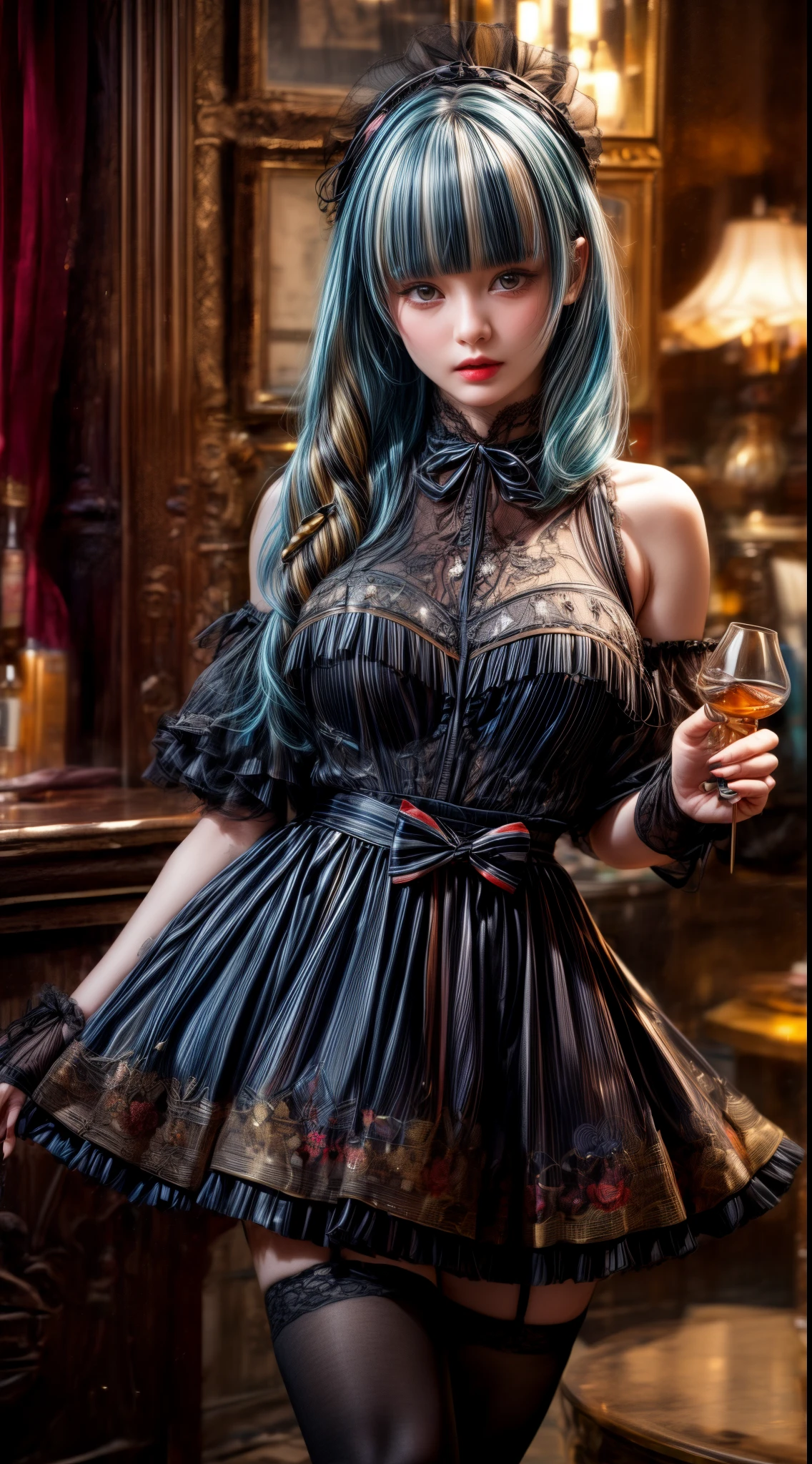 Light blue hair、Black Hair、((Two-tone hair))、Black ta dress with delicate light blue decoration、Slender women、Cute Woman、 8K Ultra HD,Detailed face、Delicate texture, Long Hair、(((Blunt bangs)))、(((Drill Hair)))、Tutu skirt、Thigh-length tights、short boots、((Sweet Loli、mini skirt、A room in a Western-style building、((Delicate photo)),(Girl Astepeace RAW Photo Details:1.25), (highest quality:1.6), (超A high resolution:1.5), (Realistic:1.75), 8K resolution, Canon EOS R5, 50mm, Absurd, Super detailed,Cinema Lighting、((Lollipop and whiskey glass))