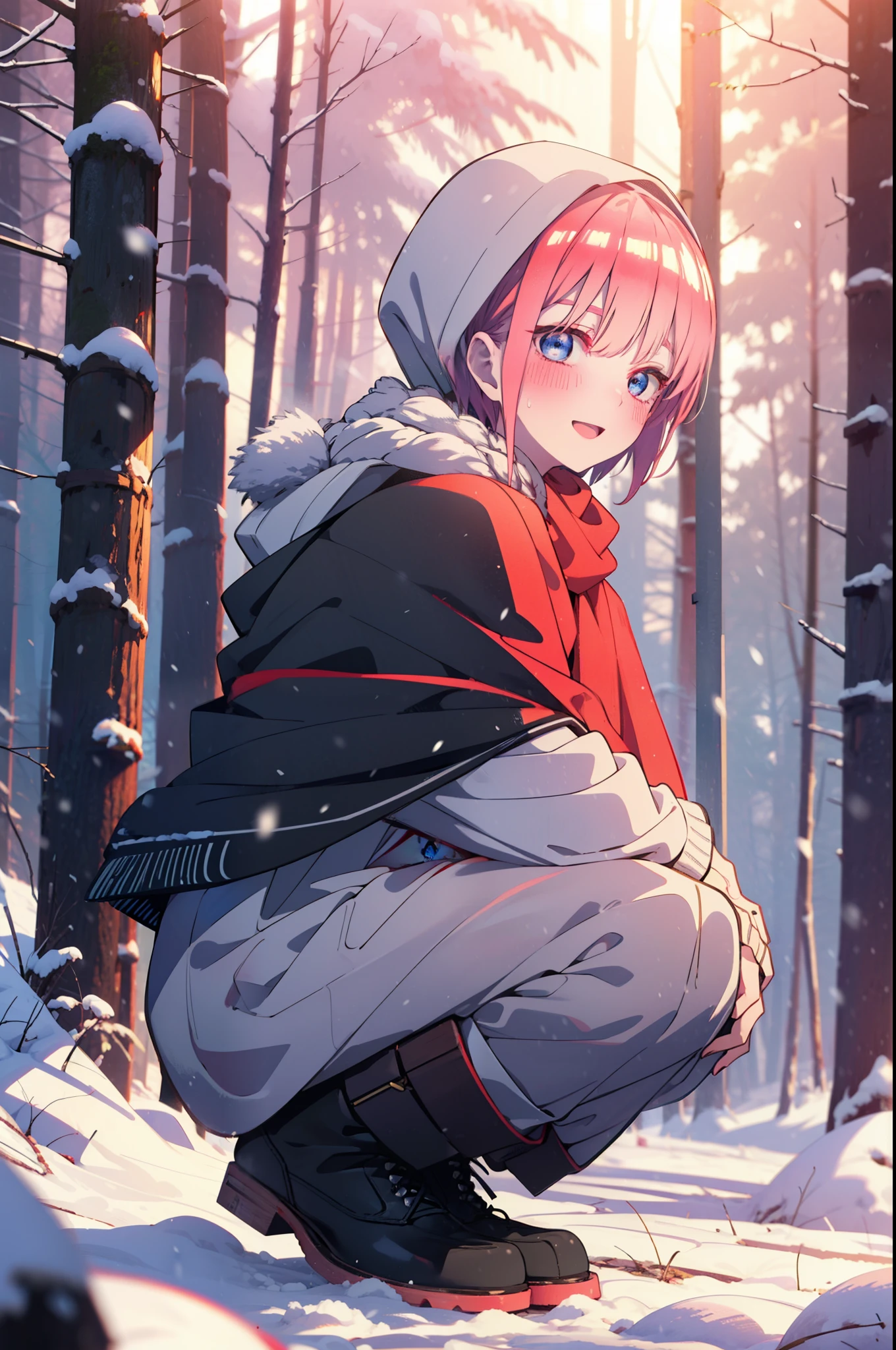 ichikanakano, ichika nakano, short hair, bangs, blue eyes, Hair between the eyes, smile,Pink Hair,smile,blush,White Breath,
Open your mouth,snow,Ground bonfire, Outdoor, boots, snowing, From the side, wood, suitcase, Cape, Blurred, Increase your meals, forest, White handbag, nature,  Squat, Mouth closed, フードed Cape, winter, Written boundary depth, Black shoes, red Cape break looking at viewer, Upper Body, whole body, break Outdoor, forest, nature, break (masterpiece:1.2), highest quality, High resolution, unity 8k wallpaper, (shape:0.8), (Beautiful and beautiful eyes:1.6), Highly detailed face, Perfect lighting, Extremely detailed CG, (Perfect hands, Perfect Anatomy),