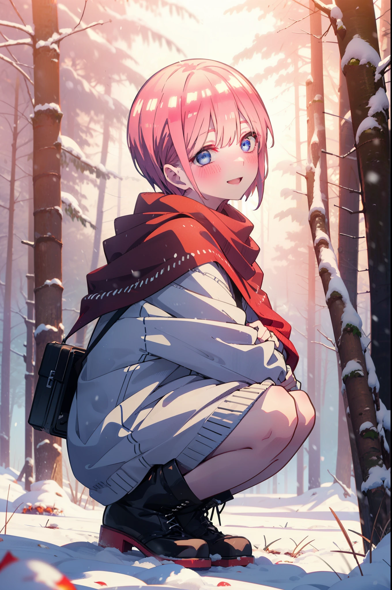 ichikanakano, ichika nakano, short hair, bangs, blue eyes, Hair between the eyes, smile,Pink Hair,smile,blush,White Breath,
Open your mouth,snow,Ground bonfire, Outdoor, boots, snowing, From the side, wood, suitcase, Cape, Blurred, Increase your meals, forest, White handbag, nature,  Squat, Mouth closed, フードed Cape, winter, Written boundary depth, Black shoes, red Cape break looking at viewer, Upper Body, whole body, break Outdoor, forest, nature, break (masterpiece:1.2), highest quality, High resolution, unity 8k wallpaper, (shape:0.8), (Beautiful and beautiful eyes:1.6), Highly detailed face, Perfect lighting, Extremely detailed CG, (Perfect hands, Perfect Anatomy),