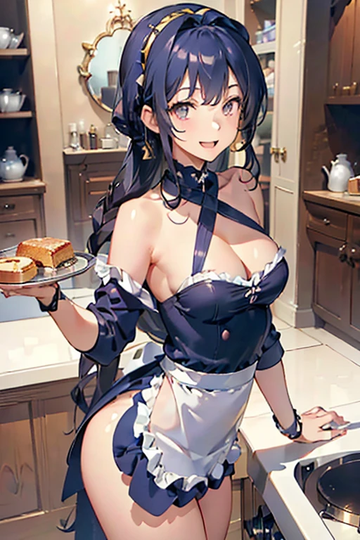 (dynamic angle:1.3, from front:1.1, breast focus:1.3, from below:1.2), (dynamic posing:1.5, sexy posing:1.3, leaning forward), (seductive smiling:1.3),masterpiece, 1girl, pointed chest:1.3,(double breasted:1.2,under bust:1.2), Amazing Cleavage:1.3, thin waist, big ass, Raised sexy, small breast: 1.2 posed cleavage:1.1, looking at viewer, open mouth, black hair, brown eyes, bare shoulders:1.2, collarbone, sidelocks, hairband, sapphire earrings, indoors, red off shoulder sweater dress, arms behind back, short hair with long locks, blue gold hairband, big side hair, very long side hair is rendered in (masterpiece: 1.2, best quality), with (ultra high resolution) and an exquisite (depth of field). This masterpiece is not only visually stunning but also tells,A scene of cooking in the kitchen