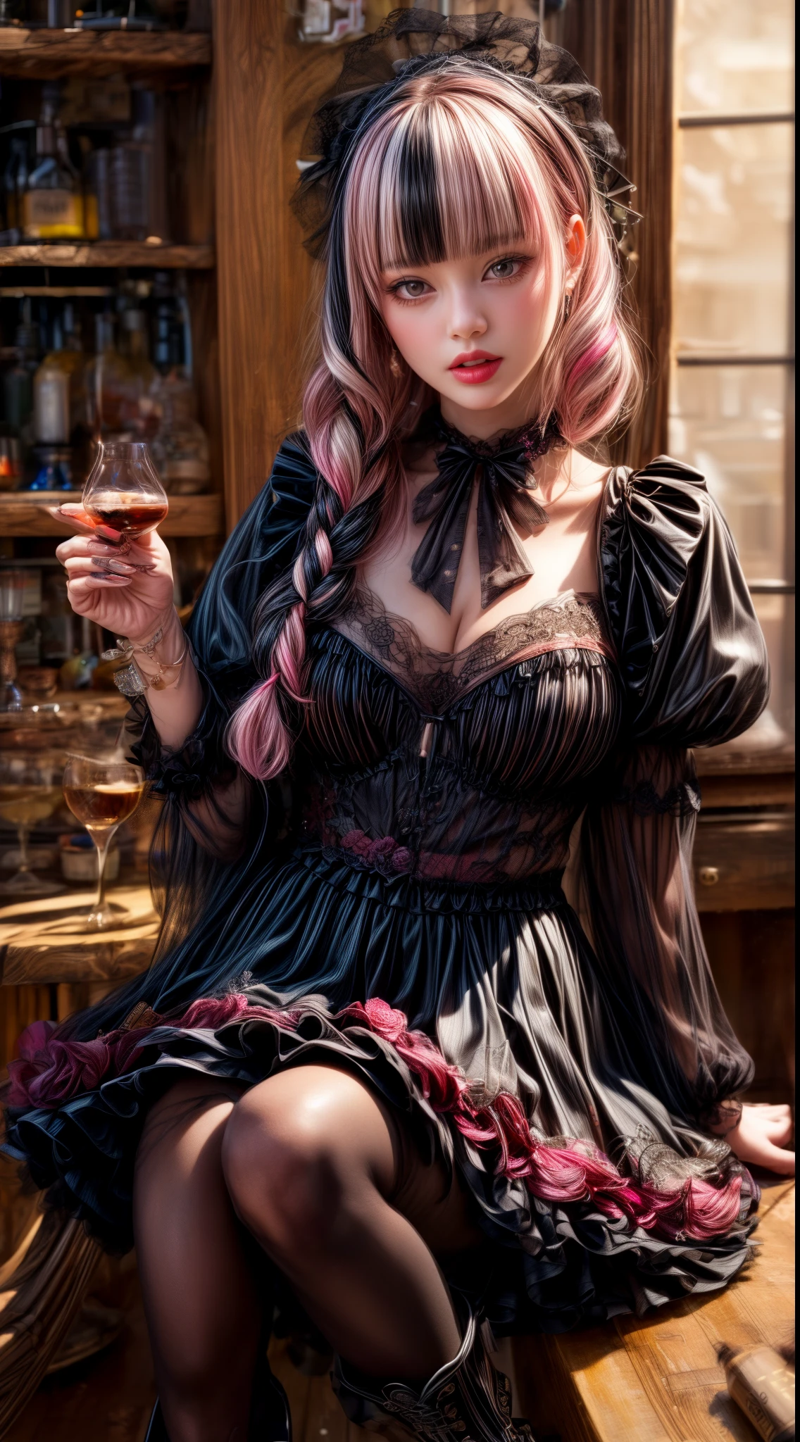 Mature Woman、Pink Hair、Black Hair、((Two-tone hair))、Black ta dress with delicate pink embellishments、Slender women、Cute Woman、 8K Ultra HD,Detailed face、Delicate texture, Long Hair、(((Blunt bangs)))、(((Drill Hair)))、Tutu skirt、Thigh-length tights、short boots、((Sweet Loli、mini skirt、A room in a Western-style building、((Delicate photo)),(Girl Astepeace RAW Photo Details:1.25), (highest quality:1.6), (超A high resolution:1.5), (Realistic:1.75), 8K resolution, Canon EOS R5, 50mm, Absurd, Super detailed,Cinema Lighting、((Lollipop and whiskey glass:1.25))