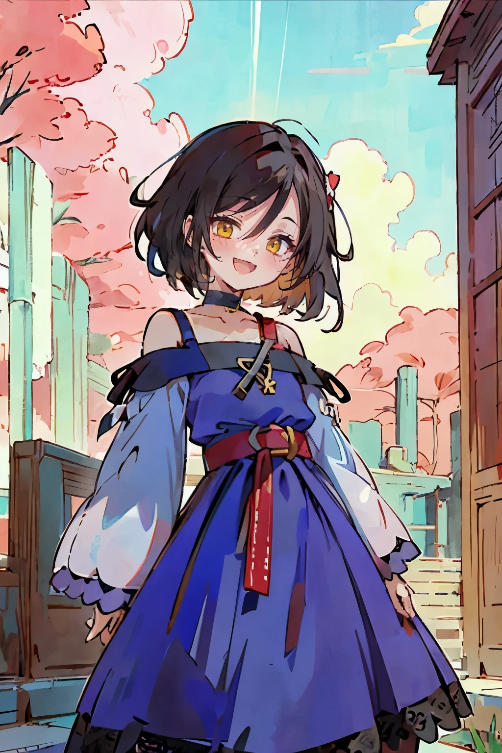 Hui Xiyi, Rekkyo Sensen, fantasy world, ruins, fort, beautiful sky, shining sky, sunshine, camisoles, belts, blue clothes, cross choker, wind blowing dress, lace dress, off-shoulder sleeves