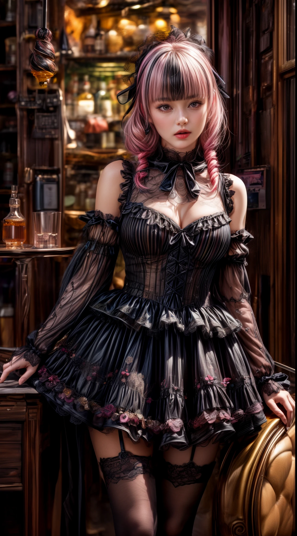 Mature Woman、Pink Hair、Black Hair、((Two-tone hair))、Black ta dress with delicate pink embellishments、Slender women、Cute Woman、 8K Ultra HD,Detailed face、Delicate texture, Long Hair、(((Blunt bangs)))、(((Drill Hair)))、Tutu skirt、Thigh-length tights、short boots、((Sweet Loli、mini skirt、A room in a Western-style building、((Delicate photo)),(Girl Astepeace RAW Photo Details:1.25), (highest quality:1.6), (超A high resolution:1.5), (Realistic:1.75), 8K resolution, Canon EOS R5, 50mm, Absurd, Super detailed,Cinema Lighting、((Lollipop and whiskey glass:1.25))
