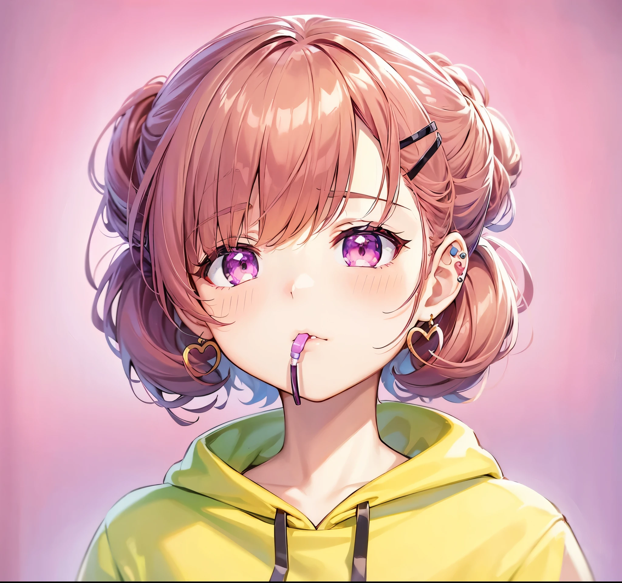 1girl, hair ornament, solo, hair bun, hood, hoodie, double bun, hairclip, yellow hoodie, black eyes, simple background, pink background, hair between eyes, lollipop, candy, looking at viewer, food, short hair, rabbit hair ornament, hood down, heart, piercing, portrait, cone hair bun, ear piercing, mouth hold, upper body, earrings, closed mouth, jewelry, brown hair, purple background, drawstring, heart hair ornament, bright pupils, red hair, x hair ornament, hairpin, white pupils, pink hair, food in mouth, borrowed character