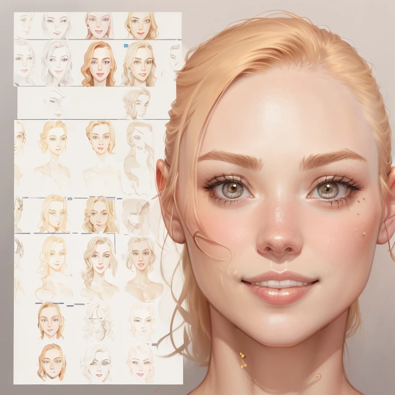 um close de uma mulher e o desenho de um rosto, Rosto realista e anatomia, rostos femininos realistas, realistic body features and face, Rostos realistas e anatomia, rostos detalhados e realistas, Detailed and symmetrical face, rosto realista e detalhado, realistic facial features, rosto realista detalhado, detalhes faciais proporcionais, rosto realista detalhados com um sorriso mostrando os dentes