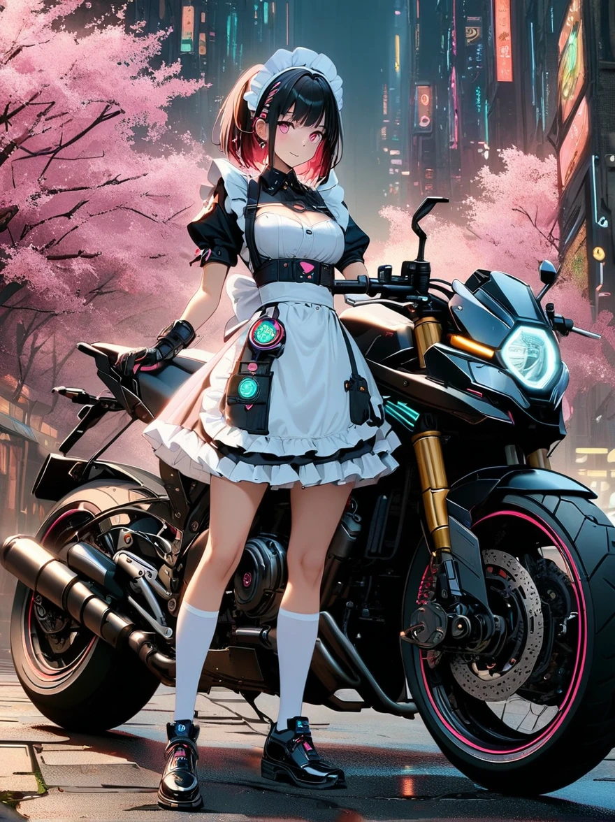 ((Vision))，((whole body))，1 girl，(Wearing a cute maid costume:1.6)，Robotic arms and legs，手持电动步枪的Cyberpunk美女，Standing under a cherry tree filled with pink blossoms，(White socks，Mechanical ceramic black leather shoes:1.5)，background，Empty mountain motorcycle style oil painting，in the style of futuristic，Cyberpunk，High Detail