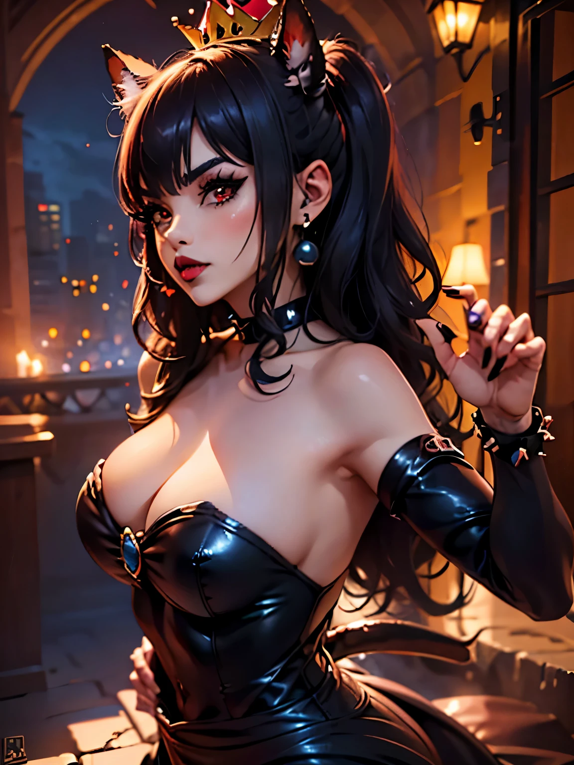 ((alto detallado, mejor calidad, 4k, obra maestra, hd:1.3)), ((mejor calidad)), (((hd))), (((8K))), (ultraDH), (ultra hd),(((junkotvv))),(pelo negro, orejas de gato),((ojos rojos)), Fondo del bosque nevado, snowflake pattern, princesa margarita, blue eyes, ROMPER ojos azules, seductor, atractivo, suave anime cg art, senos 36C, Piernas largas, vivid colors, arte digital detallado, cuerpo delgado, Piel perfecta, oscuro pelo rubio, pelo largo, oscuro hair, pelo rubio, ROMPER corona, escote, 36C escote, mirando al espectador, BREAK mirando al espectador, cara extremadamente detallada, traje rojo de santa, red Santa Claus Costume, Santa Claus Costume, pendientes, joya, oscuro maquillaje negro lips, oscuro gothic eyeshadows, oscuro eyeshadows, sombras de ojos negras, labios negros sexys, labios negros, (oscuro:1.2), oscuro lips, very oscuro lips, (manos perfectas, perfect anatomy), maquillaje negro, labios negros medianos, labios negros y gruesos, dedos detallados, cinco dedos por mano, 5 dedos, (1 chica), labios detallados, detailed labios negros, labios pintados de negro, gothic painted lips, Noche de descanso, Cielo nocturno, (enfoque en el seno), (brazos extendidos:1.2), (desde arriba:1.1), (pechos afuera:1.3), (fuera del hombro:1.1),