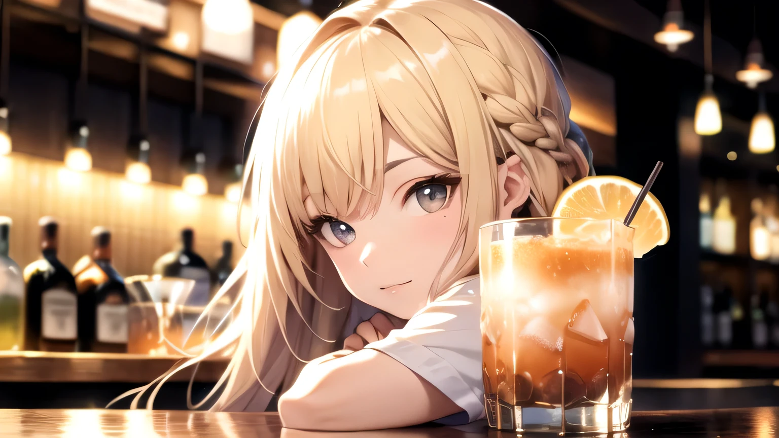 ((highest quality)), ((masterpiece)), (detailed), 8K,Perfect Face、Cafe、Drink a cocktail、blonde、Smooth Hair、Angle from the side、Delicate lines、