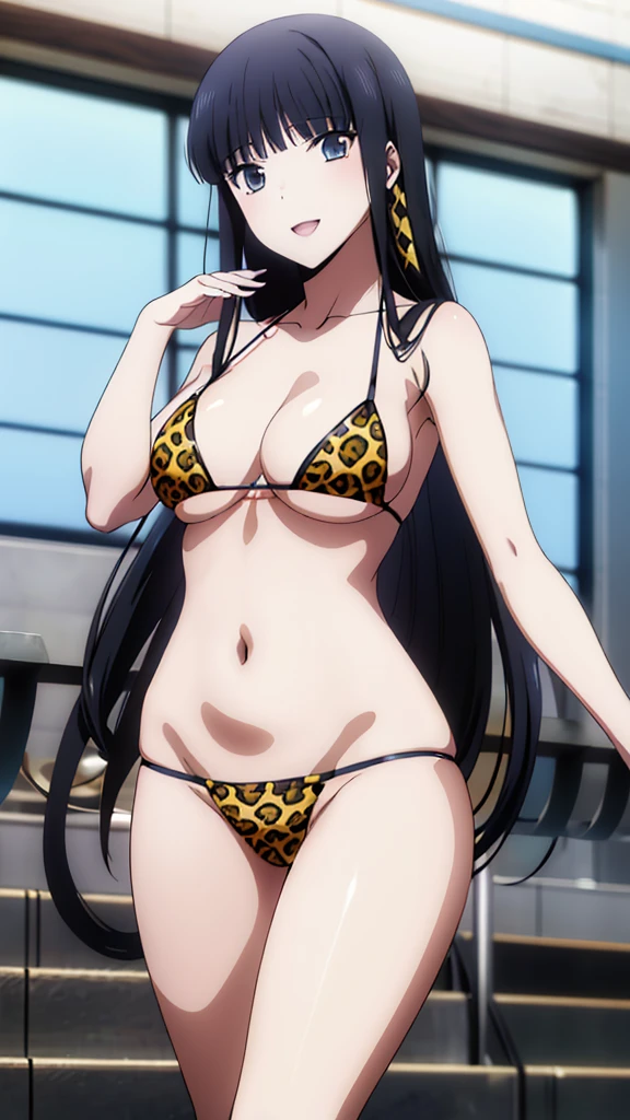 (masterpiece, 4K, highest quality, anime style: 1.9, Detailed face, Lovely, Bold Line, High resolution, anime, alone, Curvaceous, Thighs, Cleavage, Center of chest, smile, Please open your mouth wide, Very slim belly, Cowboy Shot,Leopard print bikini,1 girl,Black Hair, Long Hair,The Irregular at Magic High School, Miyuki Shiba