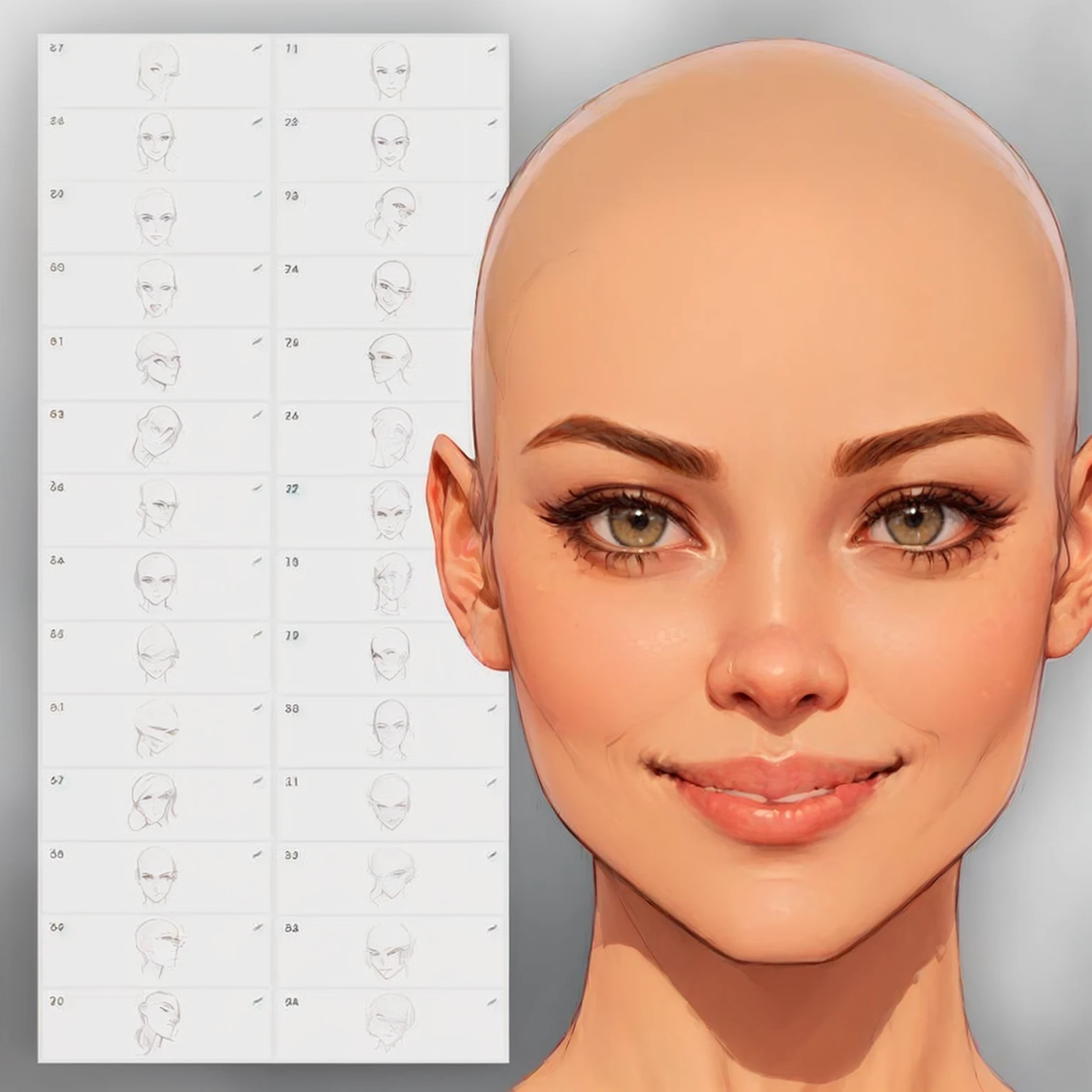 um close de uma mulher careca e o desenho de um rosto, Rosto realista e anatomia, rostos femininos realistas, realistic body features and face, Rostos realistas e anatomia, rostos detalhados e realistas, Detailed and symmetrical face, rosto realista e detalhado, realistic facial features, rosto realista detalhado, detalhes faciais proporcionais, rosto realista detalhados com um sorriso mostrando os dentes