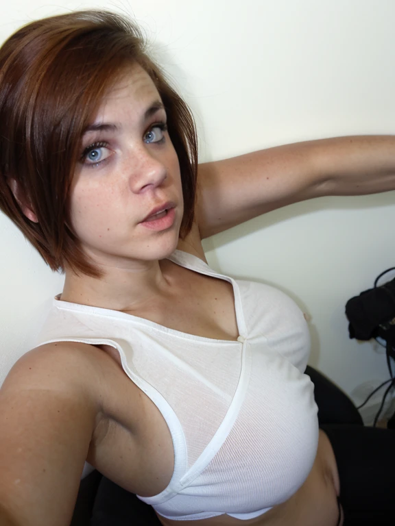 beth, foto de una mujer pelirroja, 45 years old, short hair, en el espacio, open mouth, tight swimsuit, serious face, (poker face), tetas gigantes, abdomen perfecto, (pecas:0.8) cara linda, Science fiction, Dystopian, big eyes, ojos detallados, ((((white eyes)))), en dormitorio, en cama, high quality, detallado, body view, (front view), front camera, (((cuerpo completo))), de pie, parada