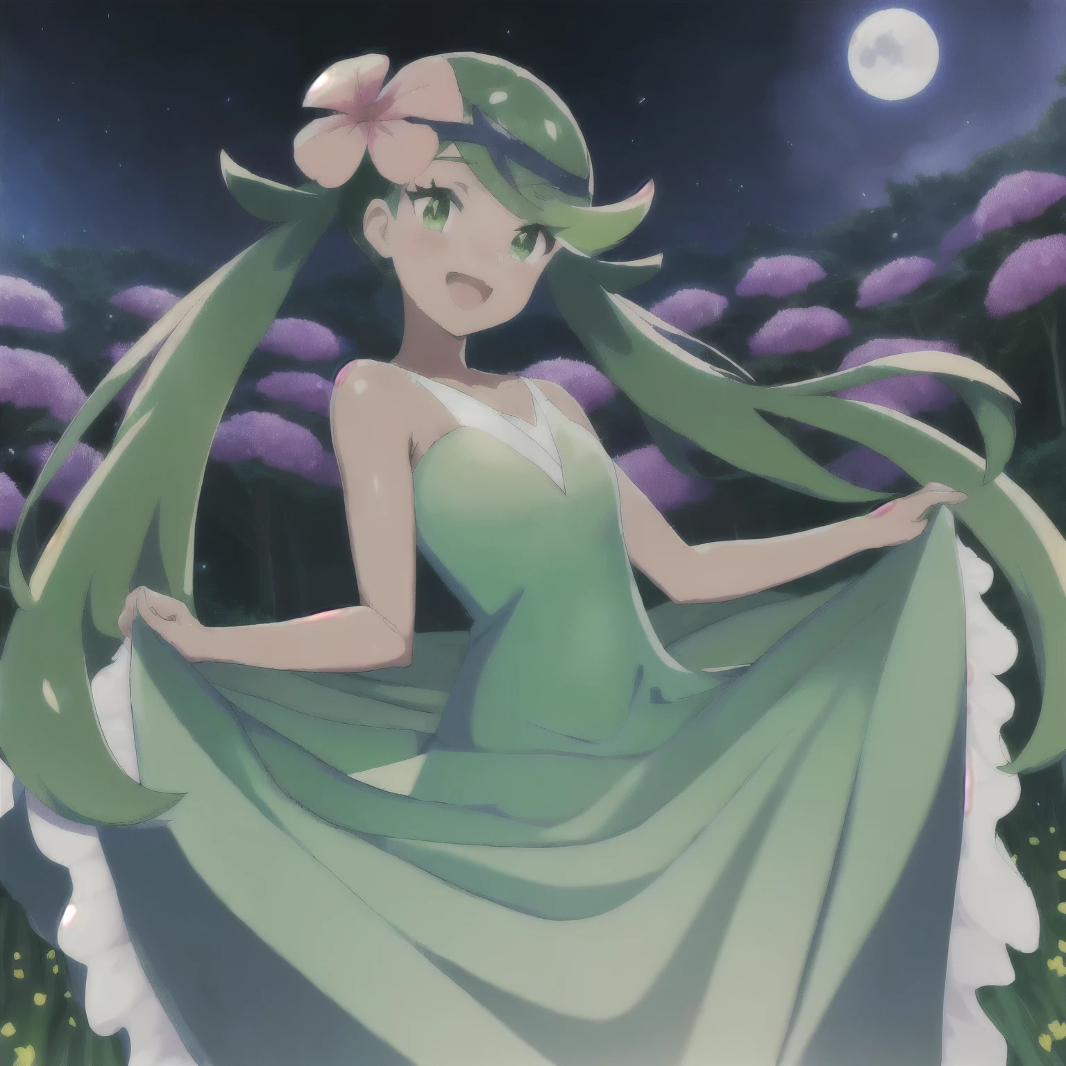 anime girl in a green dress with a flower in her hair, goddess of nature, palutena, official artwork, anime lush john 8k woods, illustration pokemon, pokemon anime style, official art, pokemon art style, fey queen of the summer forest, nighttime!, goddess of spring, nighttime!!, goddess of summer, shiny!!, wallpaper!, lady palutena