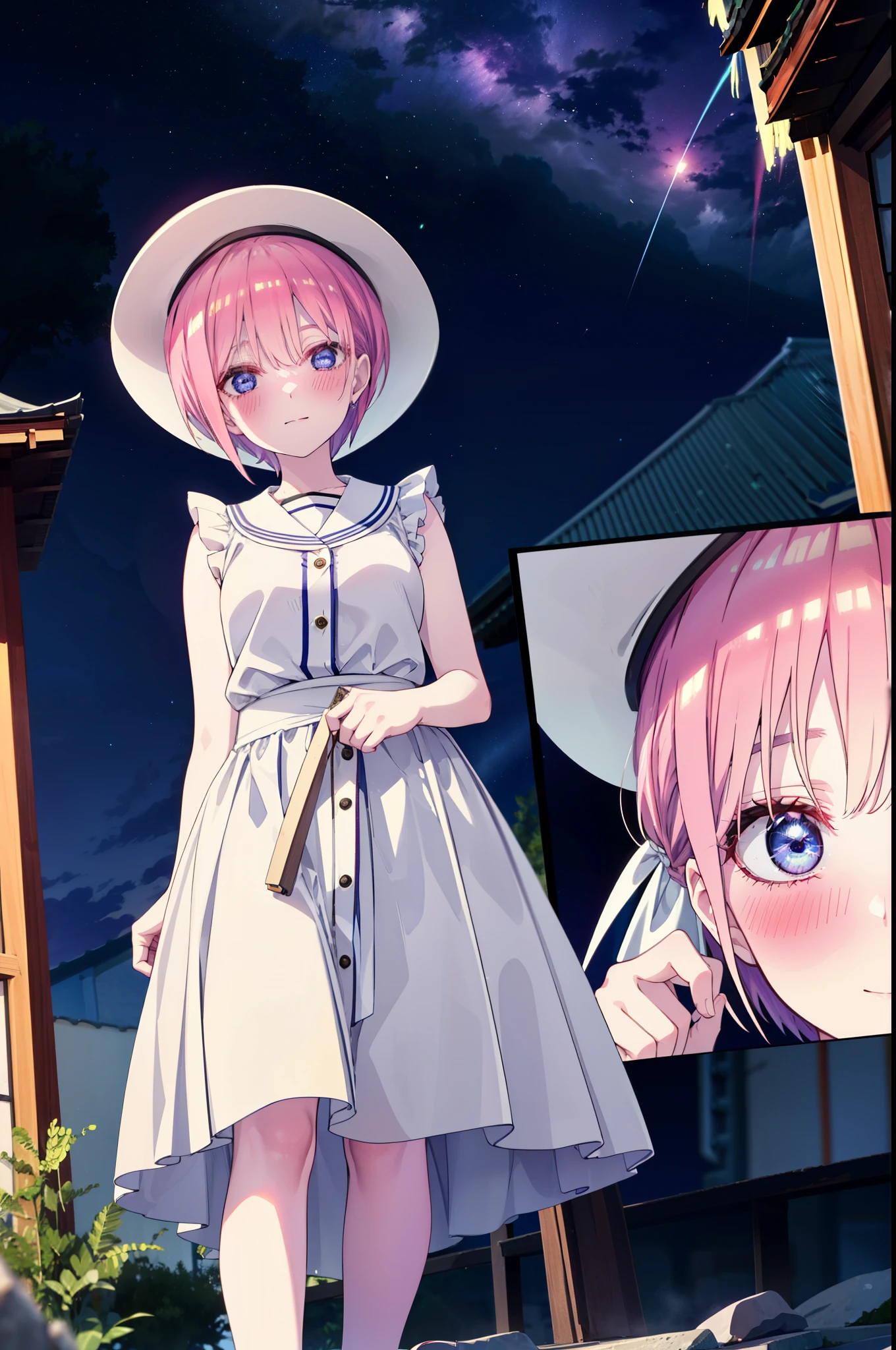 ichikanakano, ichika nakano, short hair, bangs, blue eyes, Hair between the eyes, Pink Hair,smile,Sleeveless white dress,Bare arms,White long skirt,Cute heeled sandals,whole bodyがイラストに入るように,Looking down from above,walk,moonlight,night,ロマンチックなnight景,Starry Sky,shooting star,Looking up from below,stone stageに座っている,
break outdoors, shrine,stone stage,Building district,
break looking at viewer, whole body,
break (masterpiece:1.2), highest quality, High resolution, unity 8k wallpaper, (shape:0.8), (Beautiful details:1.6), Highly detailed face, Perfect lighting, Highly detailed CG, (Perfect hands, Perfect Anatomy),