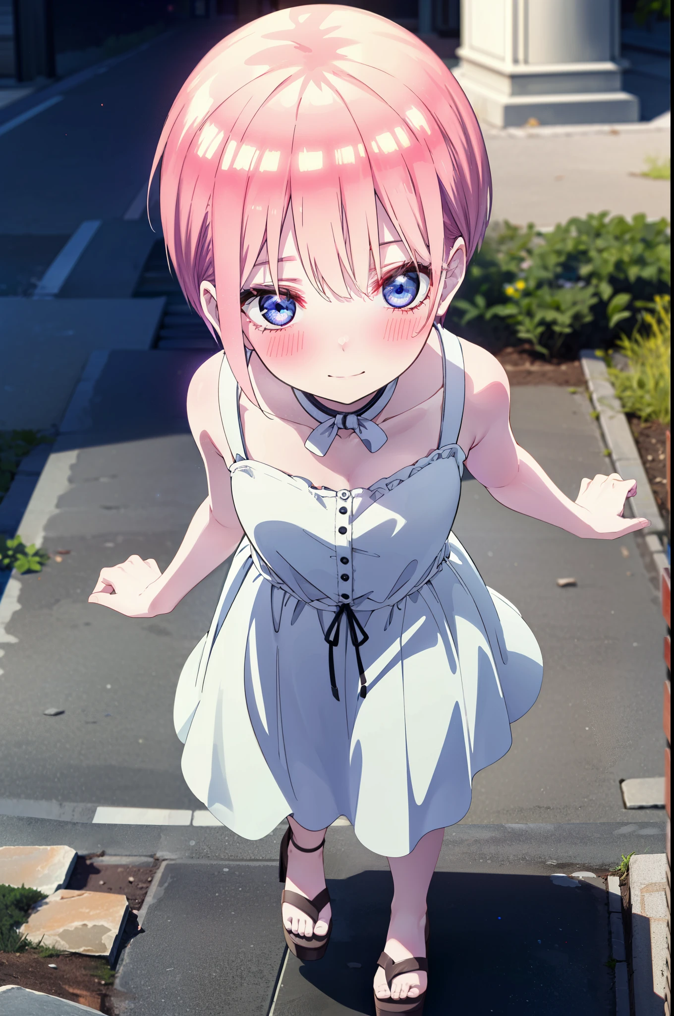 ichikanakano, ichika nakano, short hair, bangs, blue eyes, Hair between the eyes, Pink Hair,smile,Sleeveless white dress,Bare arms,White long skirt,Cute heeled sandals,whole bodyがイラストに入るように,Looking down from above,walk,moonlight,night,ロマンチックなnight景,Starry Sky,shooting star,Looking up from below,stone stageに座っている,
break outdoors, shrine,stone stage,Building district,
break looking at viewer, whole body,
break (masterpiece:1.2), highest quality, High resolution, unity 8k wallpaper, (shape:0.8), (Beautiful details:1.6), Highly detailed face, Perfect lighting, Highly detailed CG, (Perfect hands, Perfect Anatomy),