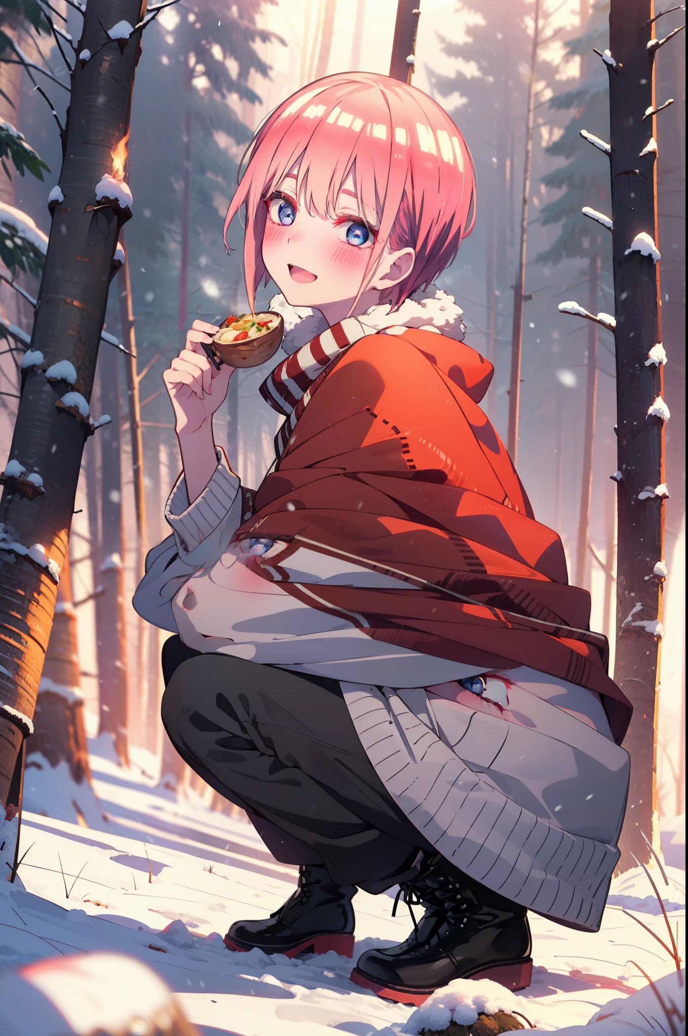 ichikanakano, ichika nakano, short hair, bangs, blue eyes, Hair between the eyes, smile,Pink Hair,smile,blush,White Breath,
Open your mouth,snow,Ground bonfire, Outdoor, boots, snowing, From the side, wood, suitcase, Cape, Blurred, Increase your meals, forest, White handbag, nature,  Squat, Mouth closed, フードed Cape, winter, Written boundary depth, Black shoes, red Cape break looking at viewer, Upper Body, whole body, break Outdoor, forest, nature, break (masterpiece:1.2), highest quality, High resolution, unity 8k wallpaper, (shape:0.8), (Beautiful and beautiful eyes:1.6), Highly detailed face, Perfect lighting, Extremely detailed CG, (Perfect hands, Perfect Anatomy),