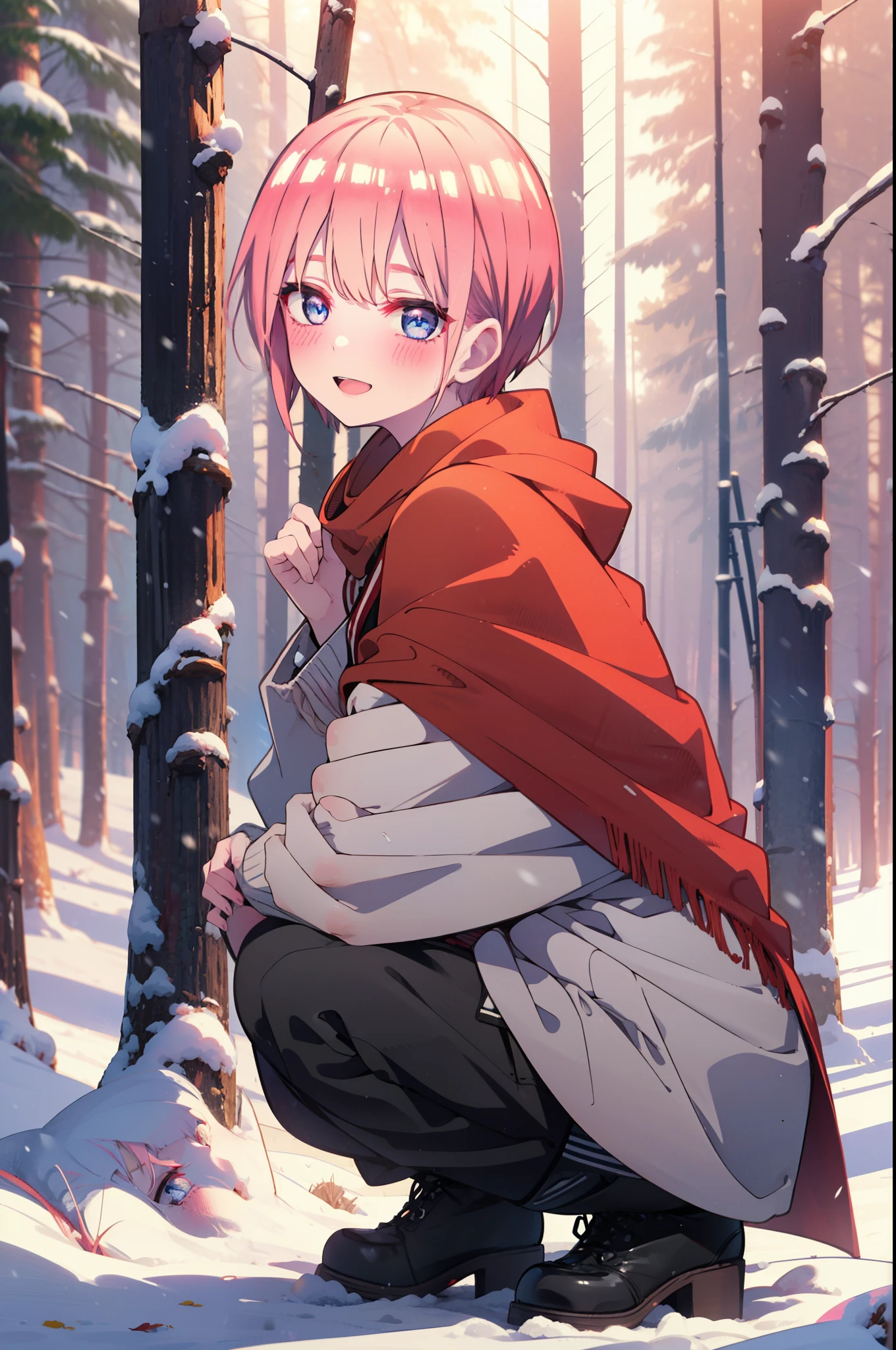 ichikanakano, ichika nakano, short hair, bangs, blue eyes, Hair between the eyes, smile,Pink Hair,smile,blush,White Breath,
Open your mouth,snow,Ground bonfire, Outdoor, boots, snowing, From the side, wood, suitcase, Cape, Blurred, Increase your meals, forest, White handbag, nature,  Squat, Mouth closed, フードed Cape, winter, Written boundary depth, Black shoes, red Cape break looking at viewer, Upper Body, whole body, break Outdoor, forest, nature, break (masterpiece:1.2), highest quality, High resolution, unity 8k wallpaper, (shape:0.8), (Beautiful and beautiful eyes:1.6), Highly detailed face, Perfect lighting, Extremely detailed CG, (Perfect hands, Perfect Anatomy),