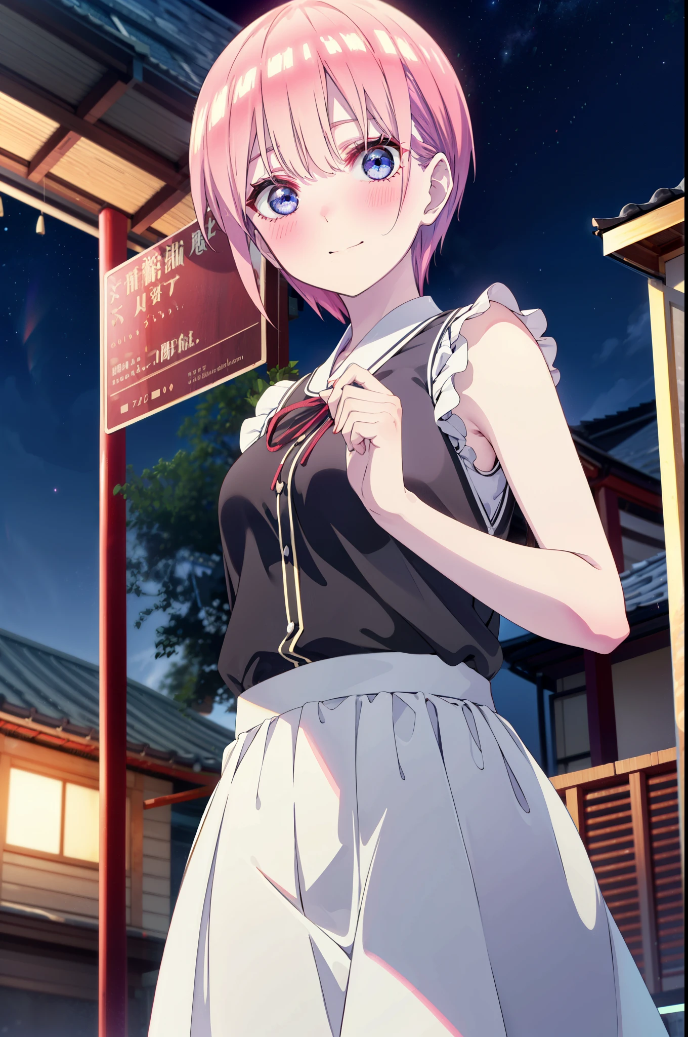 ichikanakano, ichika nakano, short hair, bangs, blue eyes, Hair between the eyes, Pink Hair,smile,Sleeveless white dress,Bare arms,White long skirt,Cute heeled sandals,whole bodyがイラストに入るように,Looking down from above,walk,moonlight,night,ロマンチックなnight景,Starry Sky,shooting star,Looking up from below,stone stageに座っている,
break outdoors, shrine,stone stage,Building district,
break looking at viewer, whole body,
break (masterpiece:1.2), highest quality, High resolution, unity 8k wallpaper, (shape:0.8), (Beautiful details:1.6), Highly detailed face, Perfect lighting, Highly detailed CG, (Perfect hands, Perfect Anatomy),