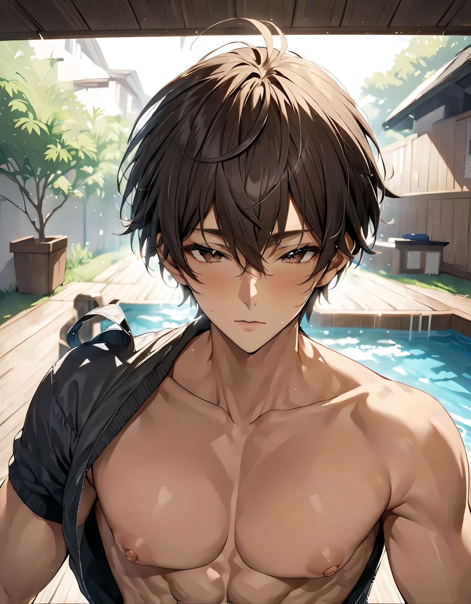 high quality, detailed, 22 years old bulky japanese boy, detailed brown eyes, (abs:1.5), (tanned dark brown shiny skin:1.5), (detailed areola:1.4), black short hair, (black tiny thong), (puffy bulge), pool