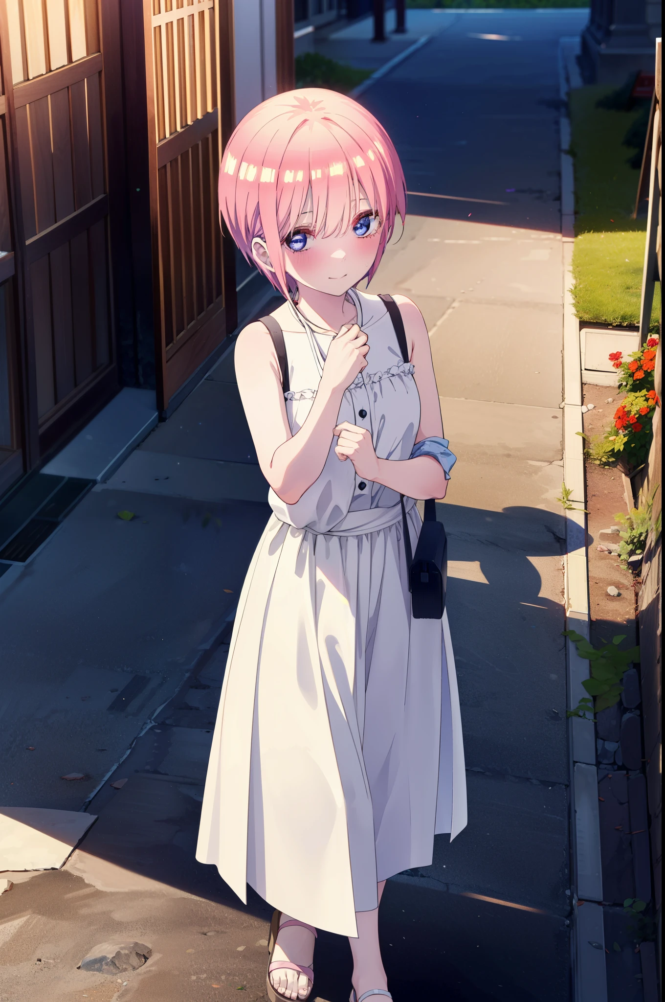 ichikanakano, ichika nakano, short hair, bangs, blue eyes, Hair between the eyes, Pink Hair,smile,Sleeveless white dress,Bare arms,White long skirt,Cute heeled sandals,whole bodyがイラストに入るように,Looking down from above,walk,moonlight,night,ロマンチックなnight景,Starry Sky,shooting star,Looking up from below,stone stageに座っている,
break outdoors, shrine,stone stage,Building district,
break looking at viewer, whole body,
break (masterpiece:1.2), highest quality, High resolution, unity 8k wallpaper, (shape:0.8), (Beautiful details:1.6), Highly detailed face, Perfect lighting, Highly detailed CG, (Perfect hands, Perfect Anatomy),