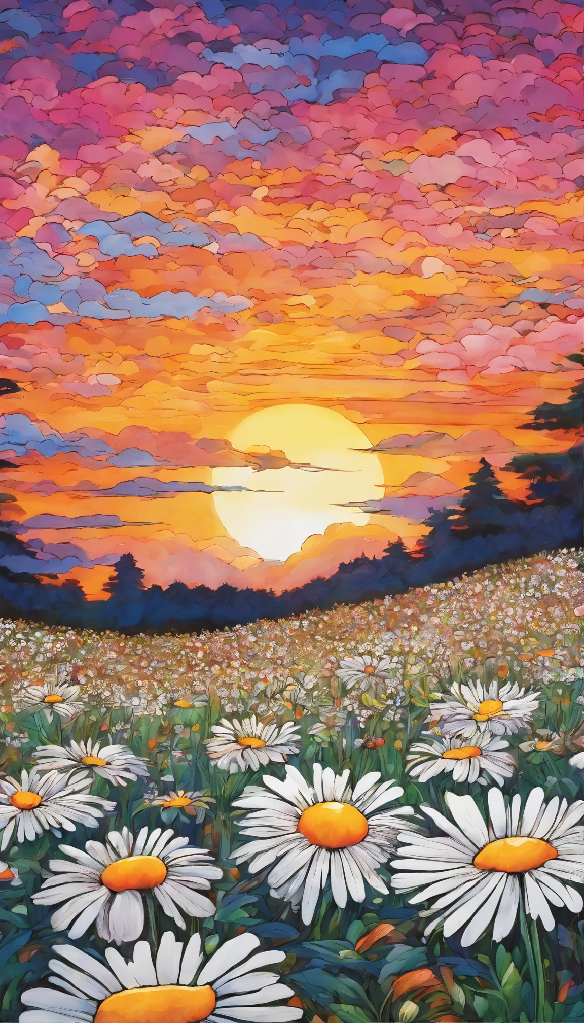 a painting of a field of daisies with the sun setting in the background, floral sunset, field of flowers at night, an aesthetic field of flowers, flower field, field of flowers, very detailed feel, by Justin Gerard, in a field of flowers, sunset illustration, field of fantasy flowers, the brilliant dawn on the meadow, 2 0 2 1 award winning painting