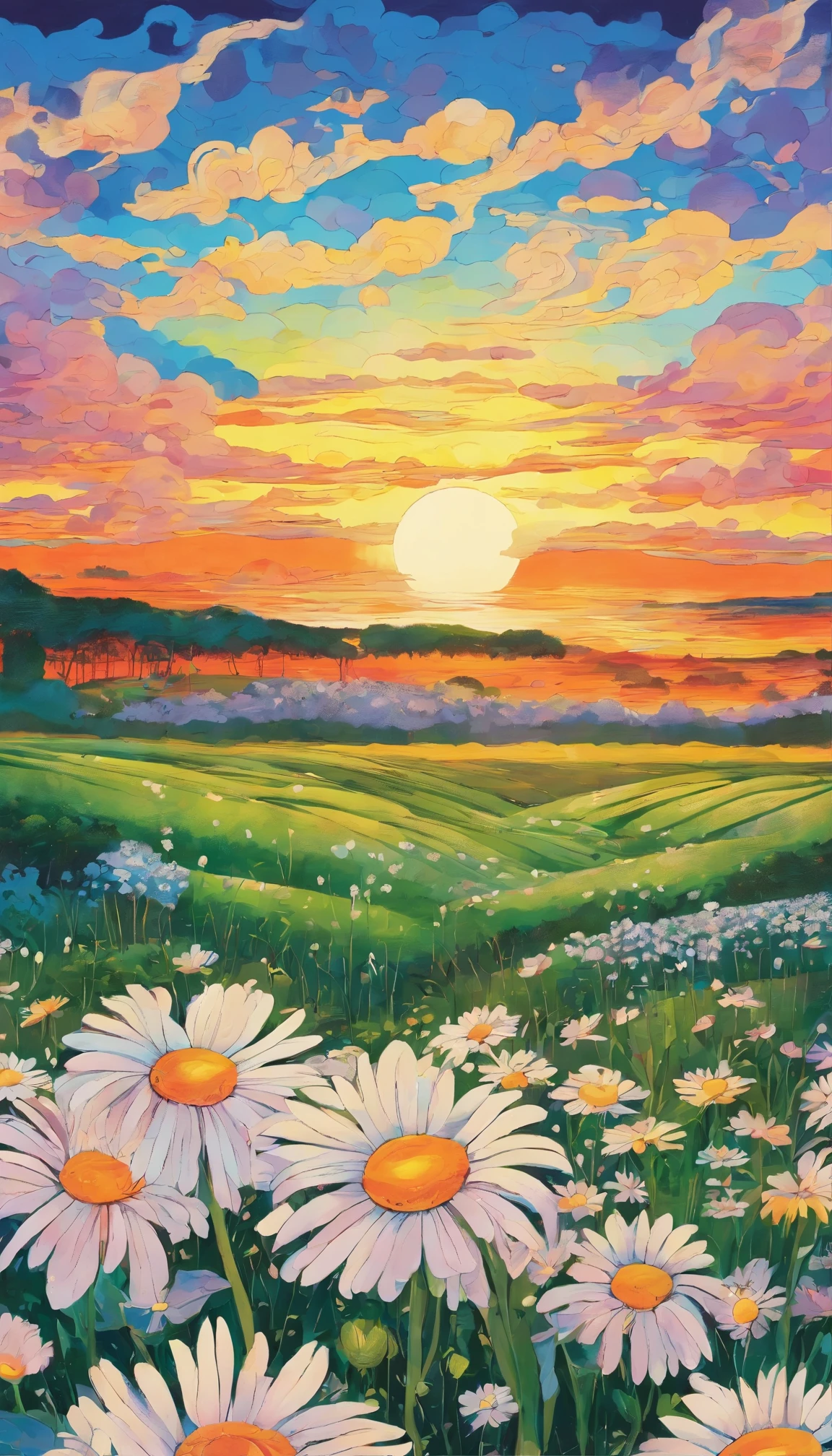 a painting of a field of daisies with the sun setting in the background, floral sunset, field of flowers at night, an aesthetic field of flowers, flower field, field of flowers, very detailed feel, by Justin Gerard, in a field of flowers, sunset illustration, field of fantasy flowers, the brilliant dawn on the meadow, 2 0 2 1 award winning painting