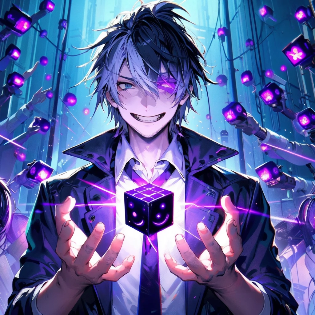 redraw this suit in high quality, detailed photo style on a white background,ouka_niji 5 girl beautiful inspired charlie bowater character cyberpunk- desenho no estilo de Mike Deotado, Androgynous niji 6 , man crazy smile, jacket, holding a neon black e blue, cube sticking --ar 9:16 --v 6.0, Ouka_Niji 5