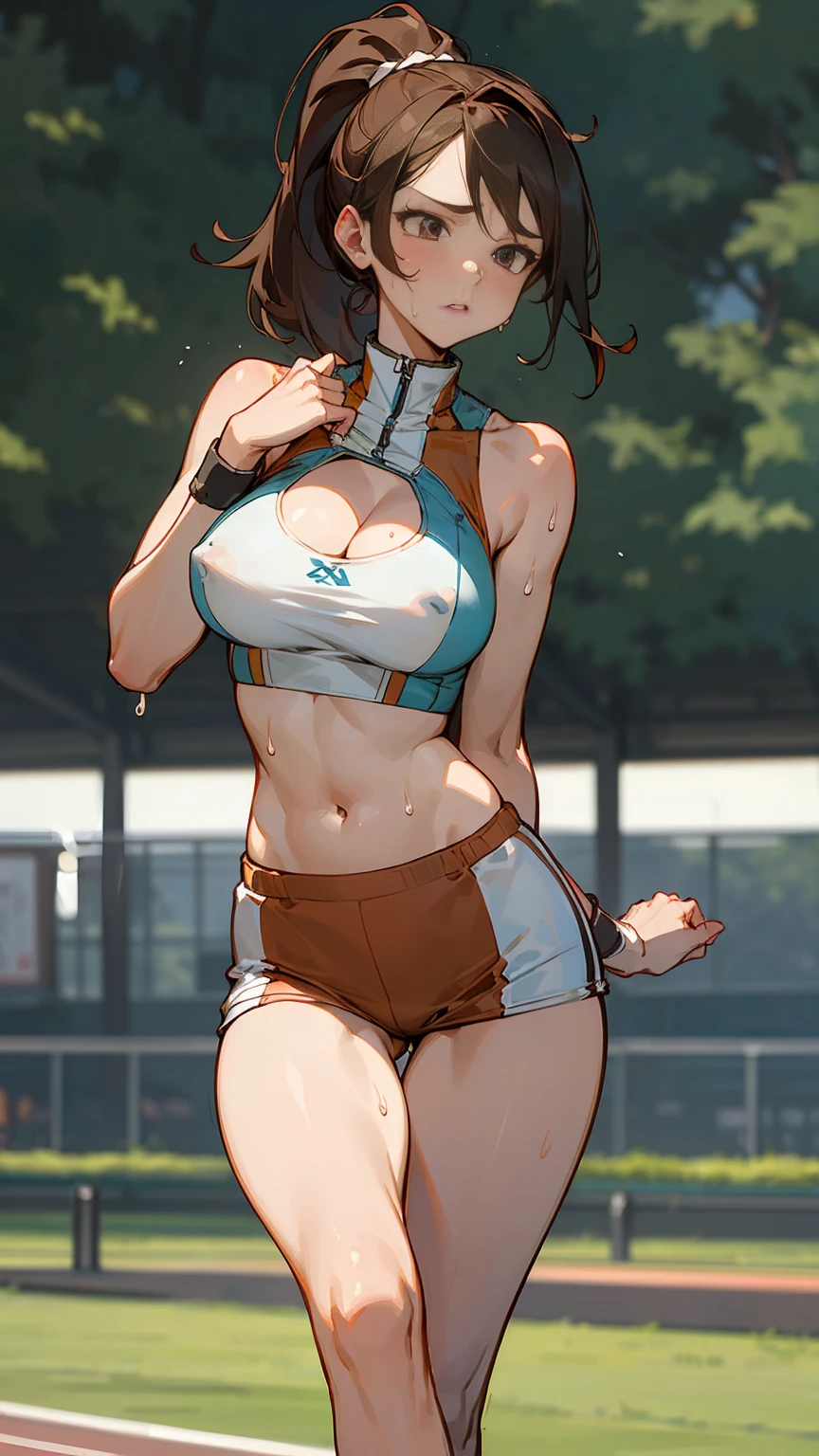 ((masterpiece)), ((best quality)),Ultra-high resolution, Caustic lines, detailed, Beautiful detailed Eyes, Solitary, (Athletic field, track and field athlete),Cowboy shooting,20-year-old beauty、(separation, White bloomer ,show off belly),slim body, ideal body proportions,Oily skin,Brown skirt,Sweat,Huge breasts:1.4 Huge breasts:1.4，Full, straight breasts，Showing cleavage，Nipple protrusion，Belly button plump breasts, Large Breasts, Slender sexy legs,Brown eyes, (Ponytail)、Medium Length Hair,brown hair,Painful expression、running,