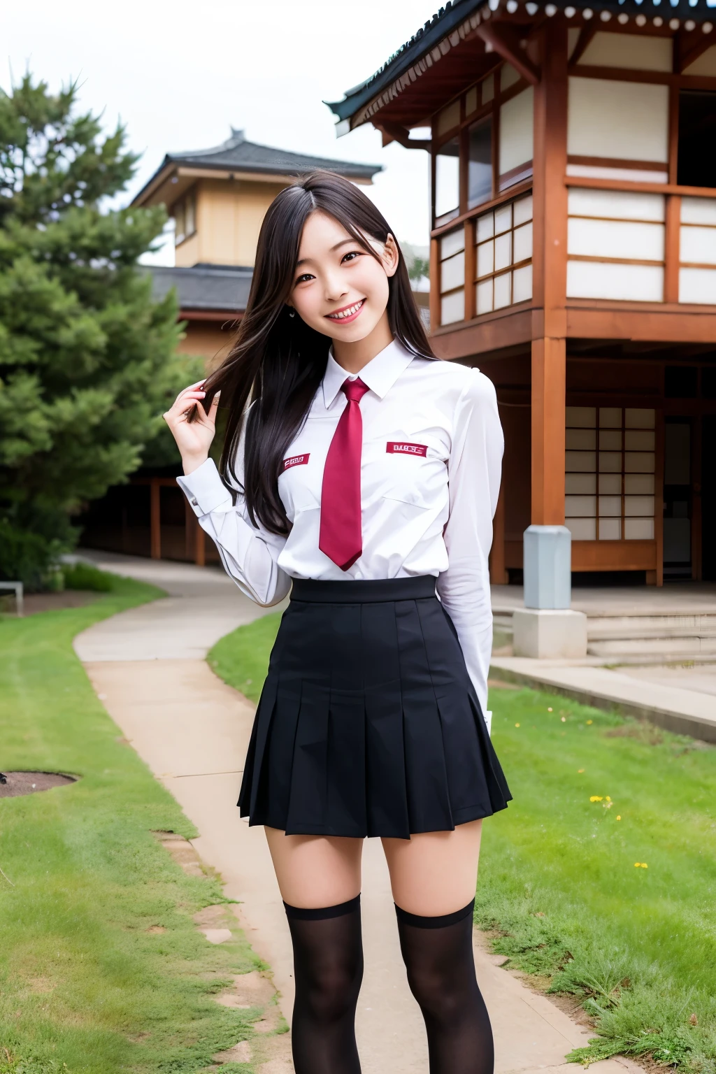 An empty town、Japanese high school girls in miniskirt uniforms、Long black hair、Idol-like and cute face、Full body portrait、Smiling