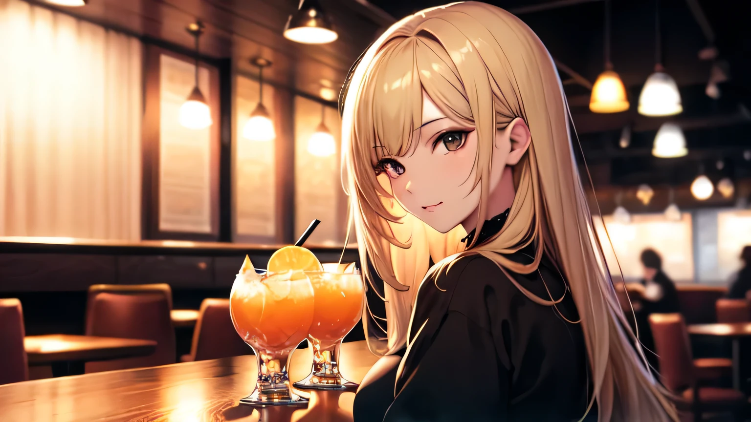 ((highest quality)), ((masterpiece)), (detailed), 8K,Perfect Face、Cafe、Drink a cocktail、blonde、Smooth Hair、Angle from the side、Delicate lines、
