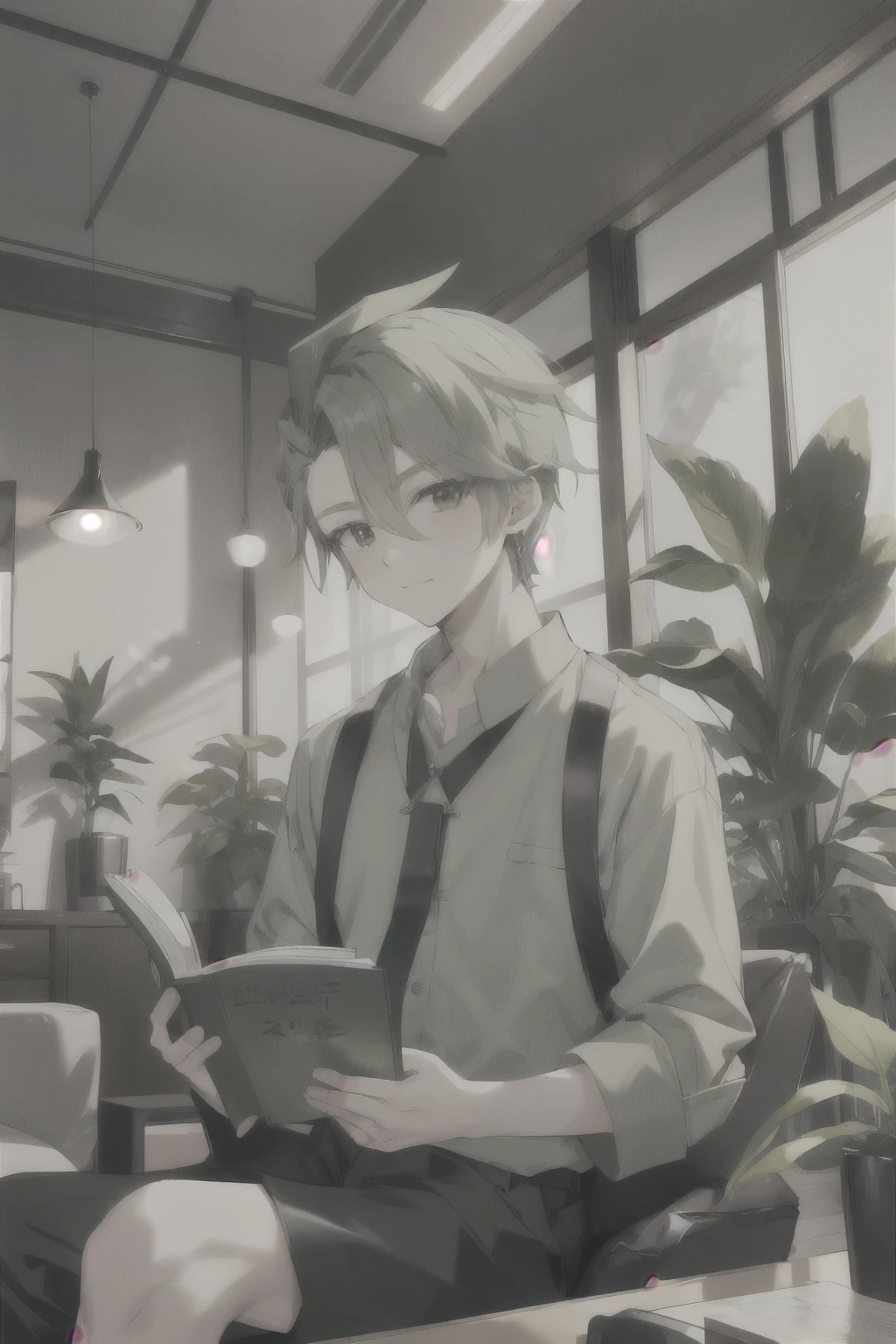 Kpop Boy, Sage green hair, 緑のcuteセーターを着た, Sit near plants, In the living room, Chilrofi, cute, Formal, professional seating, Happy, reading