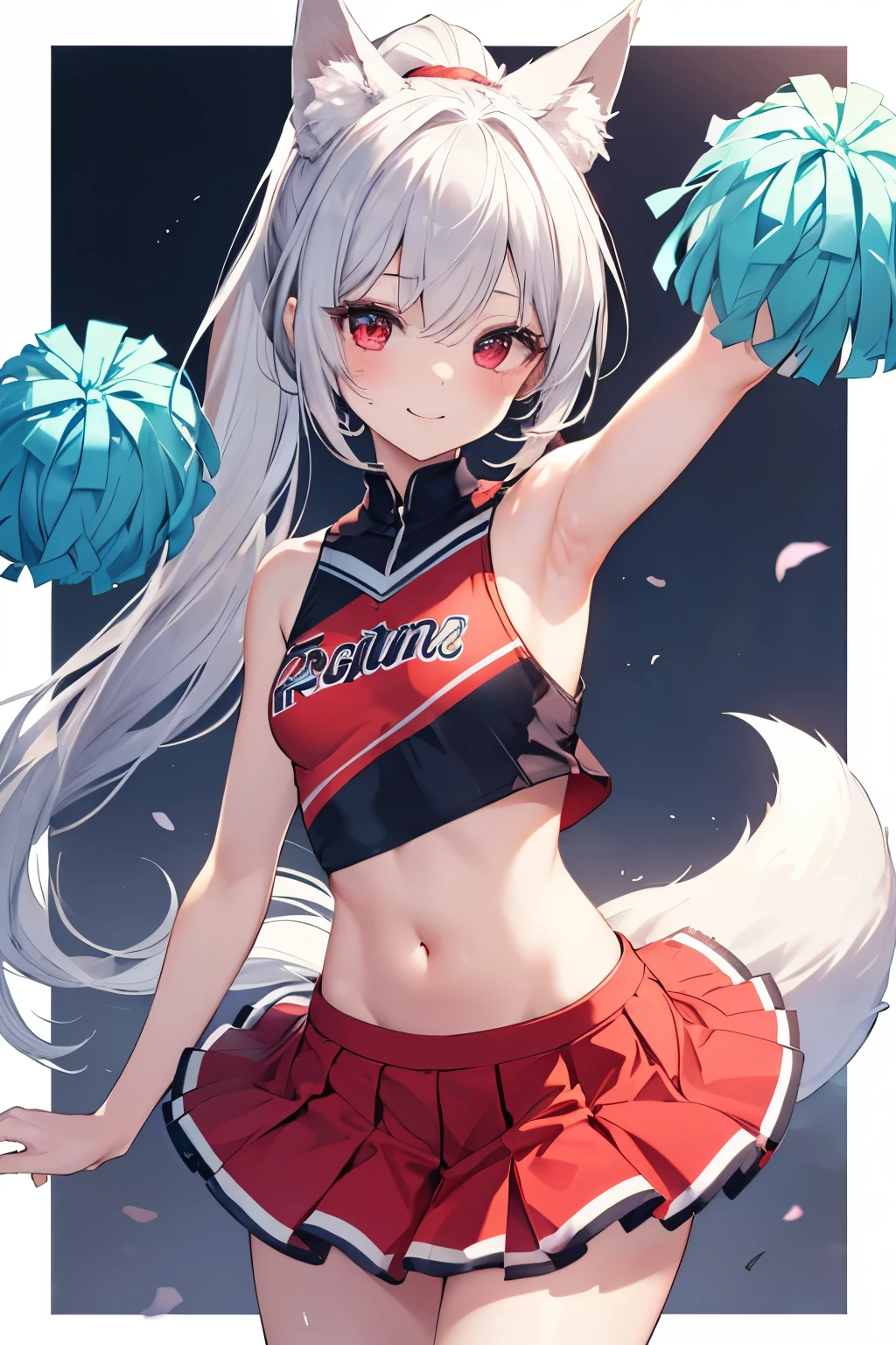 Silver Hair、Red Eye、Fox Ears、girl、Small breasts、ponytail、girl、Small breasts、Lolita、Bright smile、Looks about 15 years old、Petan Musume、short、目のhighlight、Sexy thighs、Cheerleader、Please show me your armpits、Your eyes are so beautiful、highlight