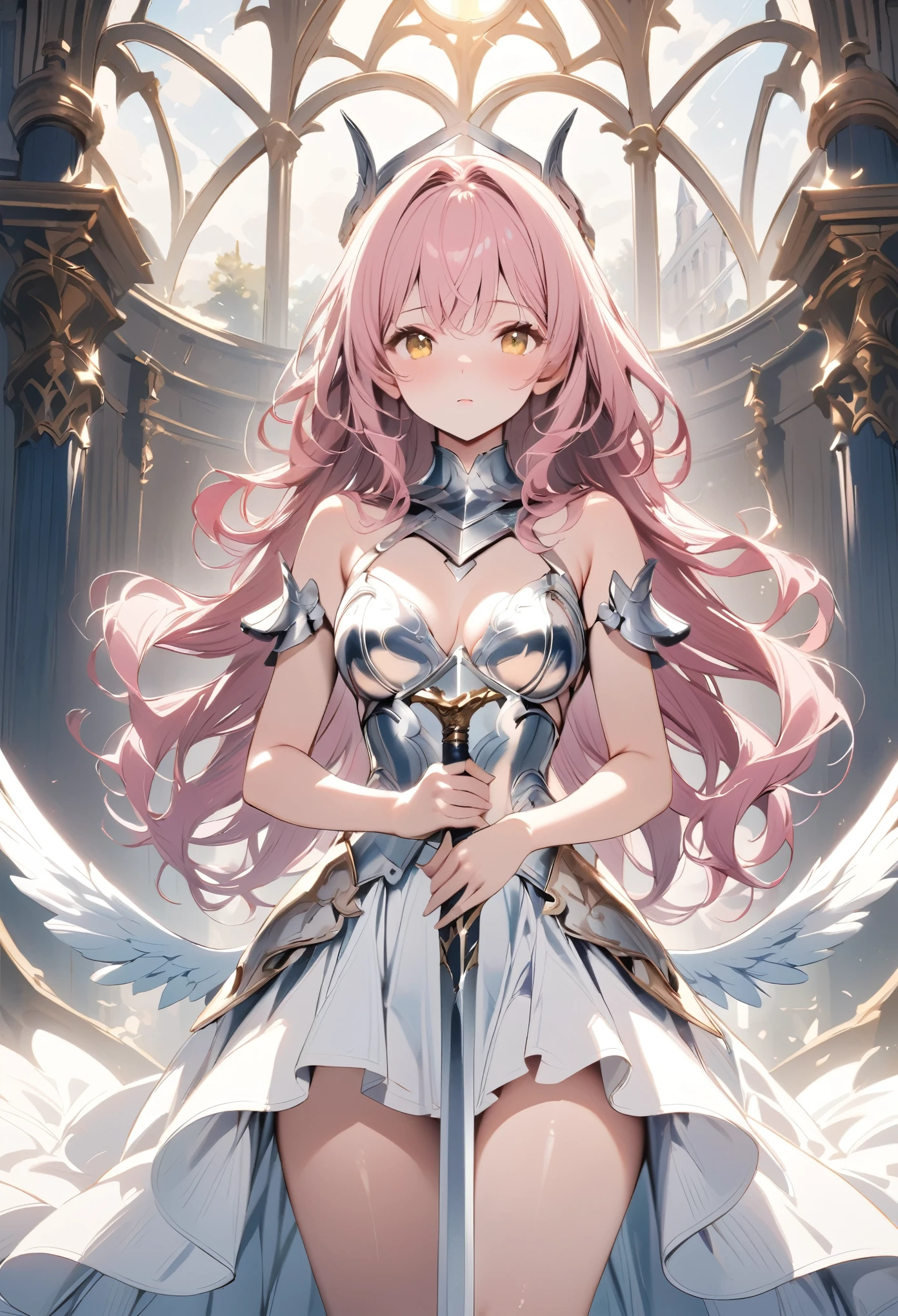 (masterpiece), best quality, 1girl, centered, Valkyrie, angel knight in withe dress and sliver armor, shiny armor, High-gloss armor, reflective metal armor, holding sword, (long_sword), pink long curly hair, yellow eyes, wings, white outfit, perfect lighting