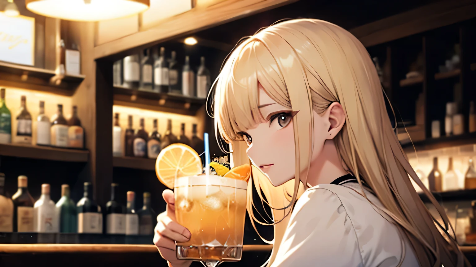 ((highest quality)), ((masterpiece)), (detailed), 8K,Perfect Face、Cafe、Drink a cocktail、blonde、Smooth Hair、Angle from the side、Delicate lines、
