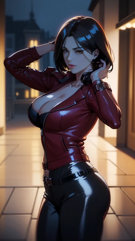 Photorealistic Image of Gorgeous 25 Years Old British Female Vampire Mercenary with Athletic Body, (Shoulder-level Bob Black Hair), (One Person), (Red Leather Jacket and Black Tight Pants:1.4), (Pale Skin:1.4), (Detailed Shiny Appearance:1.4), (Serious Face), Deep Cleavage, (Dynamic Pose:1.4), (Dark Castle at Night:1.4), Centered, (Full Body Shot), (From Front Shot), Insane Details, Intricate Face Detail, Intricate Hand Details, Cinematic Shot and Lighting, Realistic Colors, Masterpiece, Sharp Focus, Ultra Detailed, Taken with DSLR camera, Realistic Photography, Depth of Field, Incredibly Realistic Environment and Scene, Master Composition and Cinematography