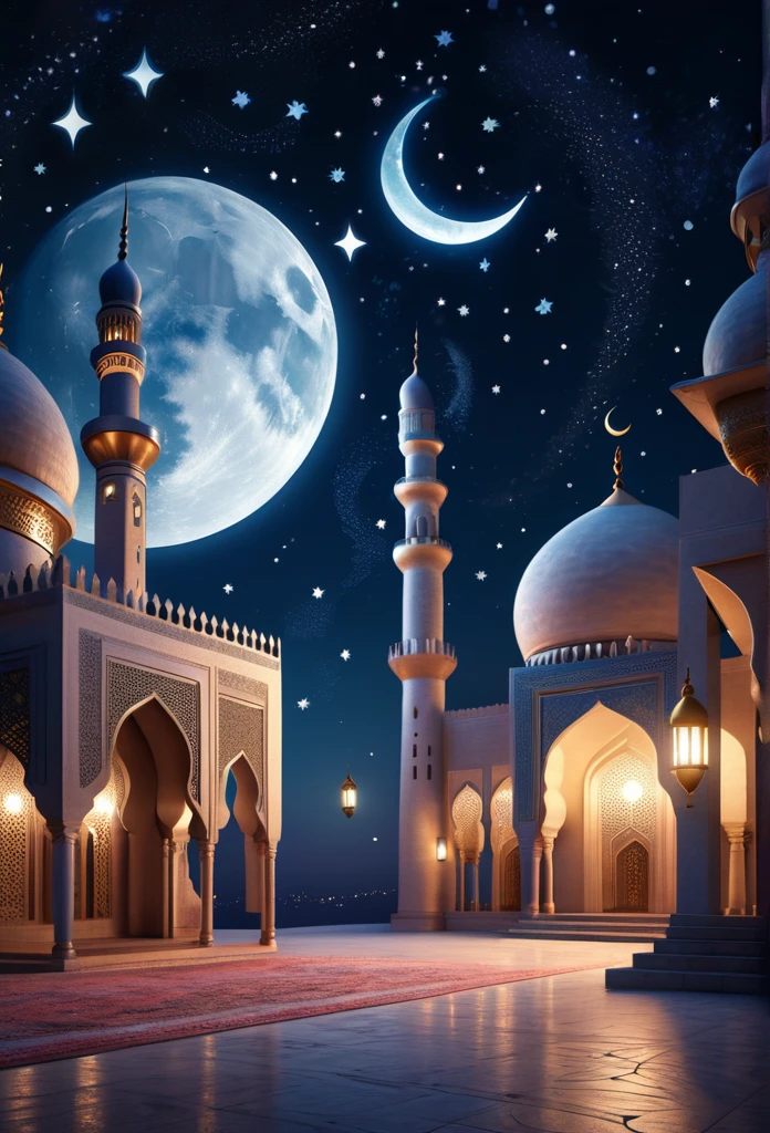 a mosque with a crescent and lanterns in the night, arabian night, themed on the stars , ☁🌪🌙👩🏾, mosque, night with moon, ✨🕌🌙, arabian art, 8k high quality detailed art, dreamy night