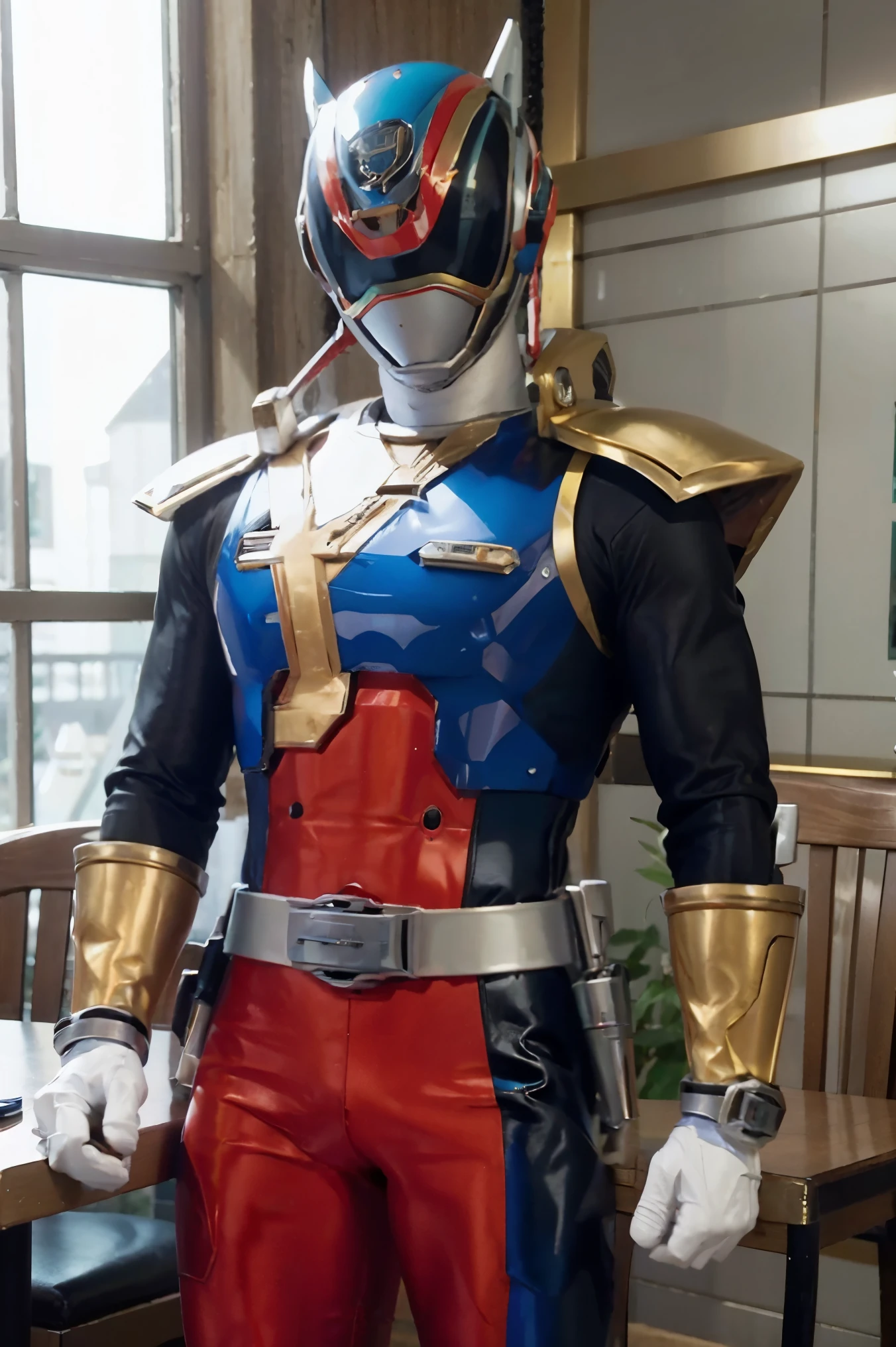 Fantasy background, cafe rpg style, empty chair, table, set of tea glass, (power rangers)), One guy、, white based, red and blue chest armor with gold details, costume, Solo, ((fit figure)), (Anatomically correct), Cowboy shot, masked face, guns, muscular build