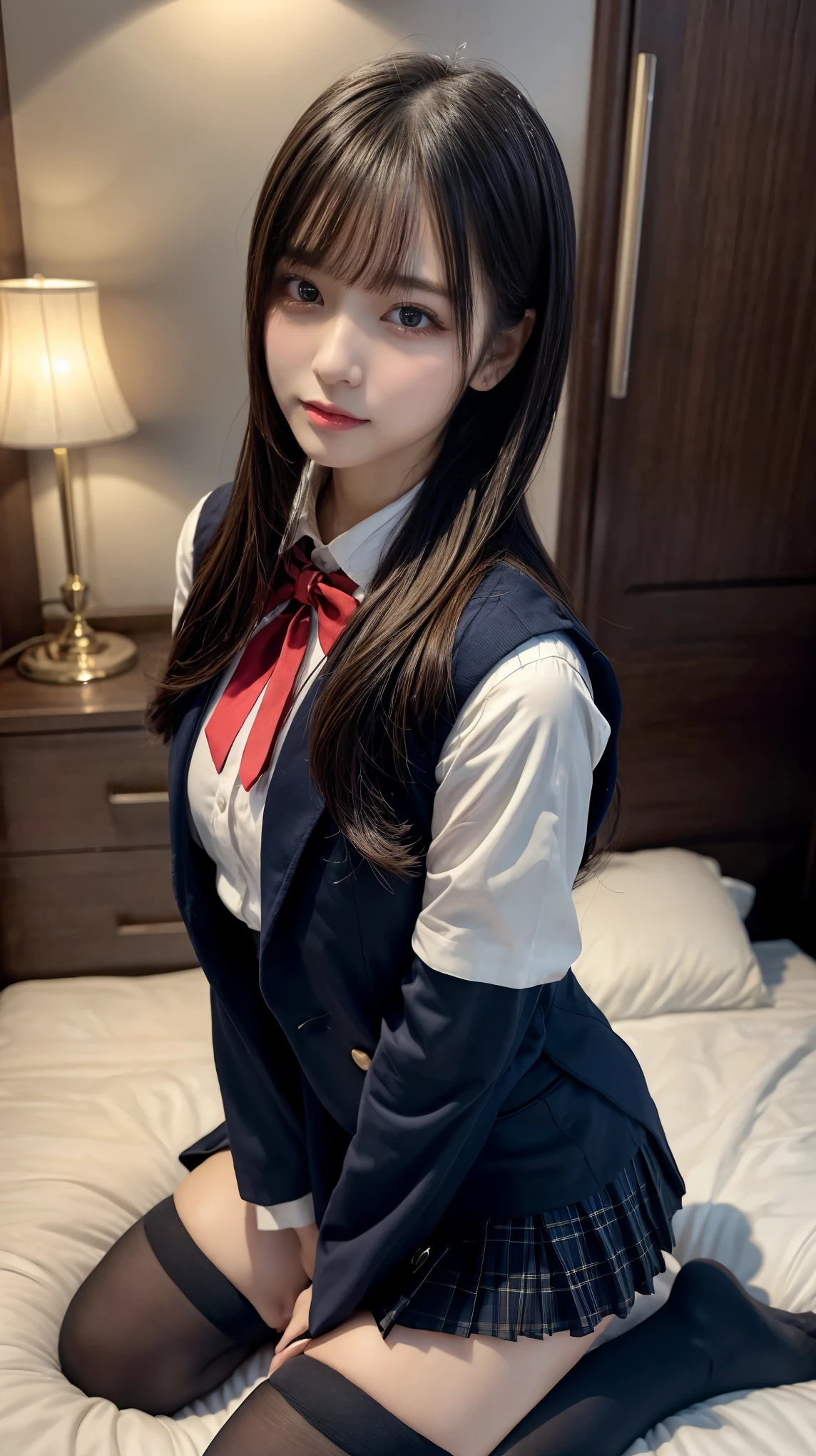 (Realistic depiction of eyes:1.3), ((1 girl, 1 high school girl)), The background is a room in a luxury hotel、 uniform、blazer 、Super Short Check Uniform Skirt、Navy blue knee-high socks、garter belt、huge 、Disheveled uniform, Short Bob Hair, Black hair color, hugeな胸, Big Natural Color Lip, Bold sexy pose, (Perfect figure), Crying a little、Cold Stare,  Harajuku Style、Beautiful Makeup,Glitter makeup,The cutest 18 year old, Beautiful feet, Gravure idol pose, Voluptuous thighs、BREAK ceremony,((Random sexy poses、put in、Deep pleasure, Ecstatic eyes:1.2)), ((I gasp hard:1.2))、Ecstatic face、Climax expression, Through clenched teeth、My whole body is convulsing、OFFicial Art，Highly detailed CG Unity 8k wallpaper, (masterpiece:1.0),(highest quality:1.0), photo shoot, 8k, Browsing Caution, High resolution, Kodak Portrait 400, Film Grain, Lens flare brilliance,Very low camera angle, View your audience