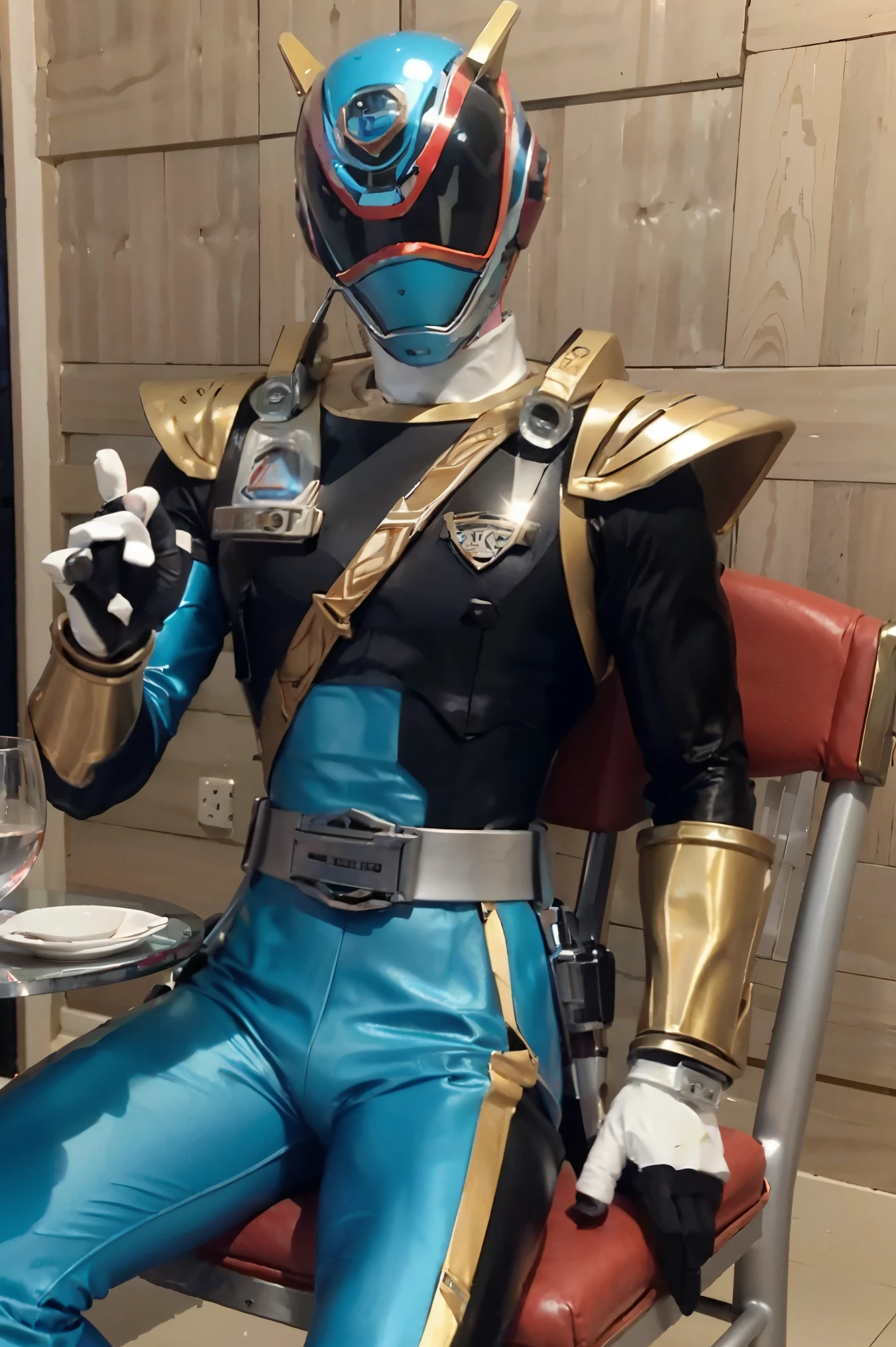 Fantasy background, cafe rpg style, empty chair, table, set of tea glass, (power rangers)), One guy、, white based, red and blue chest armor with gold details, costume, Solo, ((fit figure)), (Anatomically correct), Cowboy shot, masked face, guns, muscular build