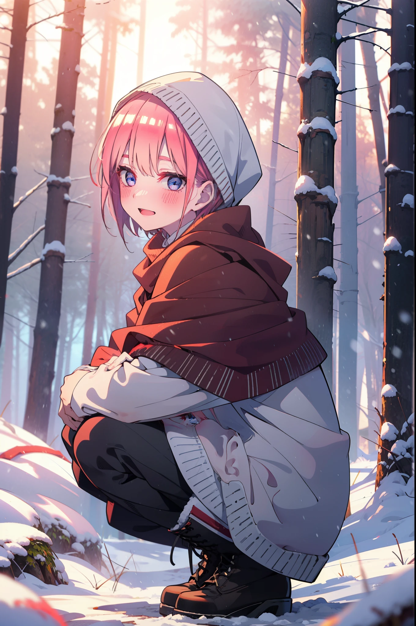 ichikanakano, ichika nakano, short hair, bangs, blue eyes, Hair between the eyes, smile,Pink Hair,smile,blush,White Breath,
Open your mouth,snow,Ground bonfire, Outdoor, boots, snowing, From the side, wood, suitcase, Cape, Blurred, Increase your meals, forest, White handbag, nature,  Squat, Mouth closed, フードed Cape, winter, Written boundary depth, Black shoes, red Cape break looking at viewer, Upper Body, whole body, break Outdoor, forest, nature, break (masterpiece:1.2), highest quality, High resolution, unity 8k wallpaper, (shape:0.8), (Beautiful and beautiful eyes:1.6), Highly detailed face, Perfect lighting, Extremely detailed CG, (Perfect hands, Perfect Anatomy),