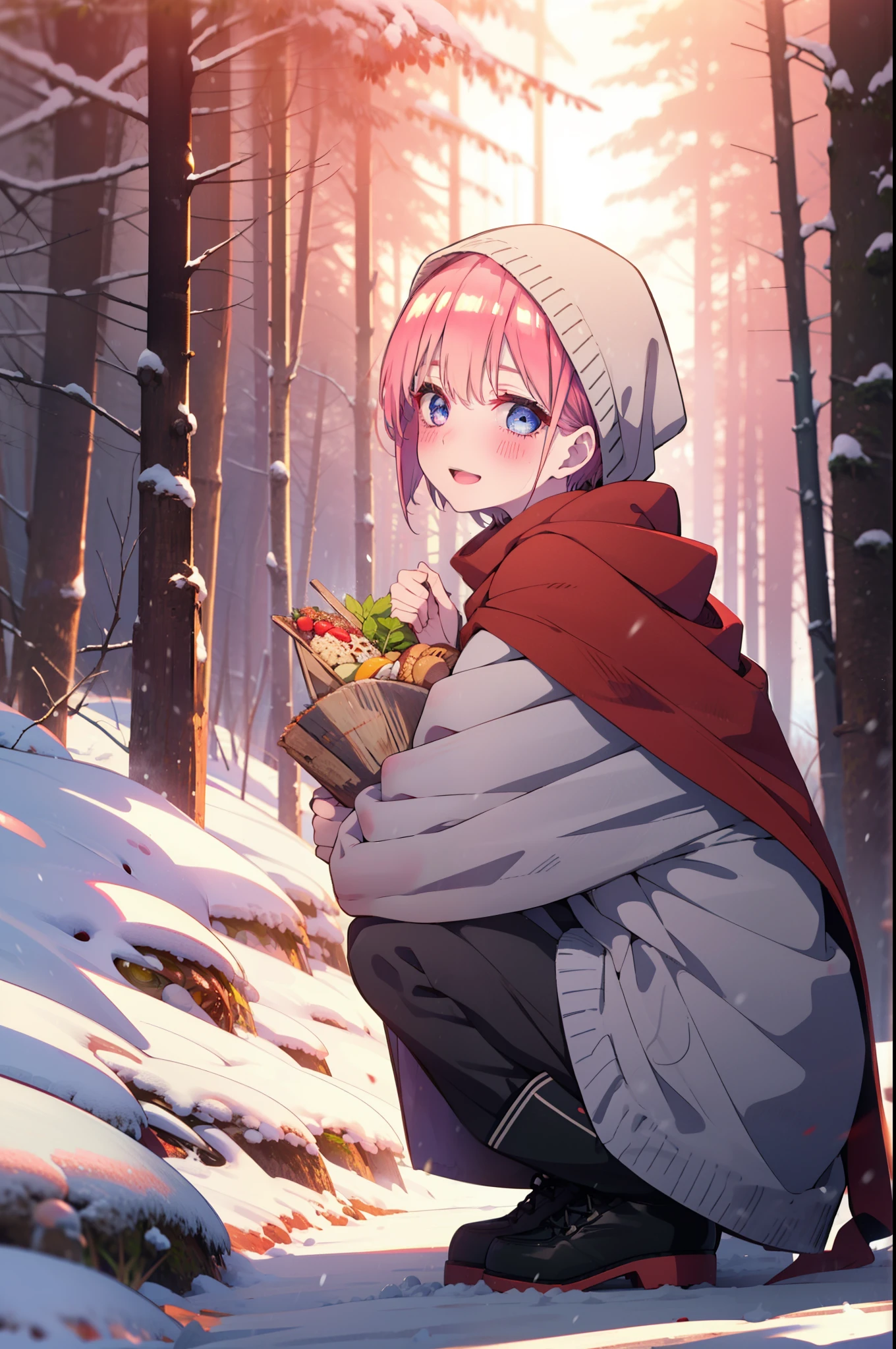 ichikanakano, ichika nakano, short hair, bangs, blue eyes, Hair between the eyes, smile,Pink Hair,smile,blush,White Breath,
Open your mouth,snow,Ground bonfire, Outdoor, boots, snowing, From the side, wood, suitcase, Cape, Blurred, Increase your meals, forest, White handbag, nature, Squat, Mouth closed, フードed Cape, winter, Written boundary depth, Black shoes, red Cape break looking at viewer, Upper Body, whole body, break Outdoor, forest, nature, break (masterpiece:1.2), highest quality, High resolution, unity 8k wallpaper, (shape:0.8), (Beautiful and beautiful eyes:1.6), Highly detailed face, Perfect lighting, Extremely detailed CG, (Perfect hands, Perfect Anatomy),