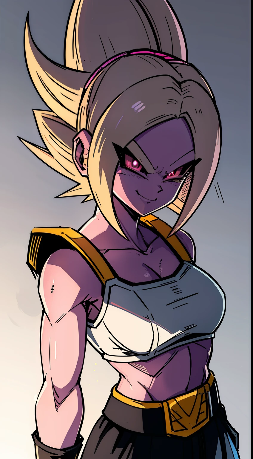 (high-quality, breathtaking),(expressive eyes, perfect face) Symmetrical Eyes, portrait, dragon ball z xenoverse 2, 1girl, female, alien, Majin Race, FMajin, Female Majin Buu, (pink skin:1.1), bubblegum pink skin color, red colored skin, smiling,(black sclera:1.2), red eyes, tentacle hair, black baggypants, belt, alien, M, shoulder holes, standing, no nose, grey background, medium cute length hair, wavy hair, hair between eyes, DBZ Saiyan armor, white armor, blue shirt, b4ttl3, saiyan armor
