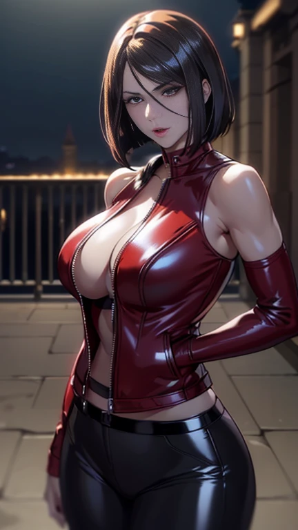 Photorealistic Image of Gorgeous 25 Years Old British Female Vampire Mercenary with Athletic Body, (Shoulder-level Bob Black Hair), (One Person), (Red Leather Jacket and Black Tight Pants:1.4), (Pale Skin:1.4), (Detailed Shiny Appearance:1.4), (Serious Face), Deep Cleavage, (Dynamic Pose:1.4), (Dark Castle at Night:1.4), Centered, (Full Body Shot), (From Front Shot), Insane Details, Intricate Face Detail, Intricate Hand Details, Cinematic Shot and Lighting, Realistic Colors, Masterpiece, Sharp Focus, Ultra Detailed, Taken with DSLR camera, Realistic Photography, Depth of Field, Incredibly Realistic Environment and Scene, Master Composition and Cinematography