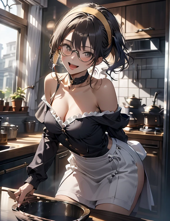 (dynamic angle:1.3, from front:1.1, breast focus:1.3, from below:1.2), (dynamic posing:1.5, sexy posing:1.3, leaning forward), (seductive smiling:1.3),masterpiece, 1girl, pointed chest:1.3,(double breasted:1.2,under bust:1.2), Amazing Cleavage:1.3, thin waist, big ass, Raised sexy, small breast: 1.2 posed cleavage:1.1, looking at viewer, open mouth, black hair, brown eyes, bare shoulders:1.2, collarbone, sidelocks, hairband, sapphire earrings, indoors, red off shoulder sweater dress, arms behind back, short hair with long locks, blue gold hairband, big side hair, very long side hair is rendered in (masterpiece: 1.2, best quality), with (ultra high resolution) and an exquisite (depth of field). This masterpiece is not only visually stunning but also tells,A scene of cooking in the kitchen
