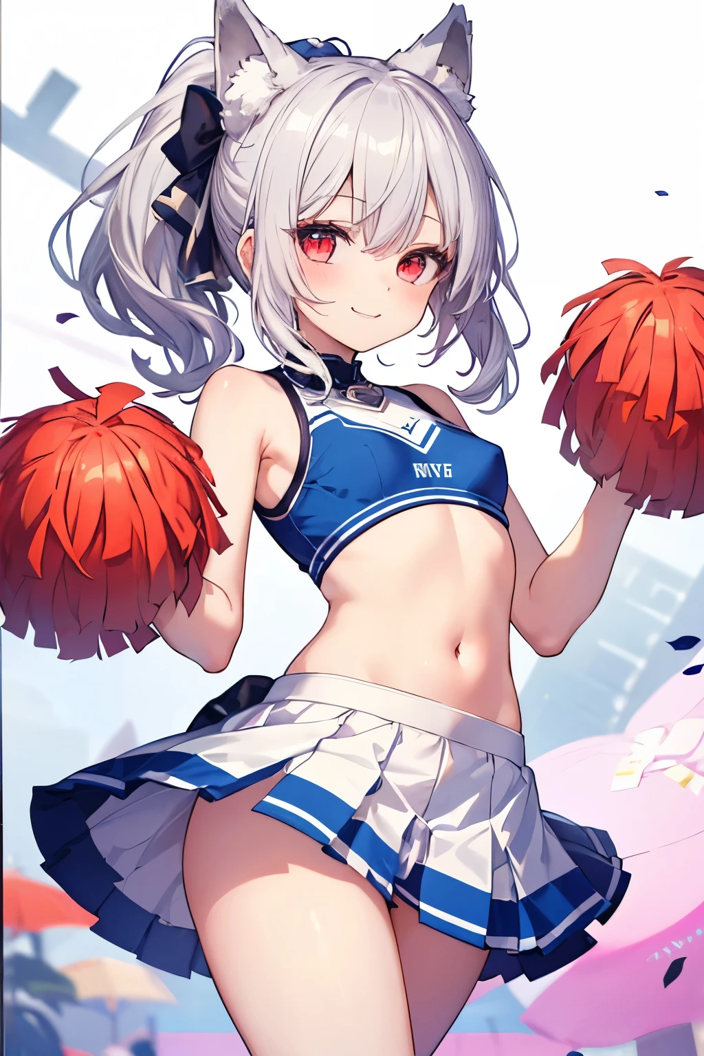 Silver Hair、Red Eye、Fox Ears、girl、Small breasts、ponytail、girl、Small breasts、Lolita、Bright smile、Looks about 、Petan Musume、short、目のhighlight、Sexy thighs、Cheerleader、Please show me your armpits、Your eyes are so beautiful、highlight