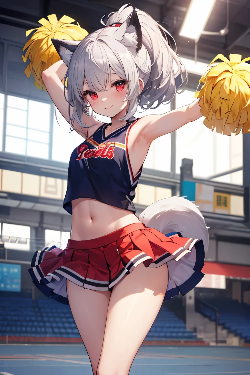 Silver Hair、Red Eye、Fox Ears、girl、Small breasts、ponytail、girl、Small breasts、Lolita、Bright smile、Looks about 、Petan Musume、short、目のhighlight、Sexy thighs、Cheerleader、Please show me your armpits、Your eyes are so beautiful、highlight