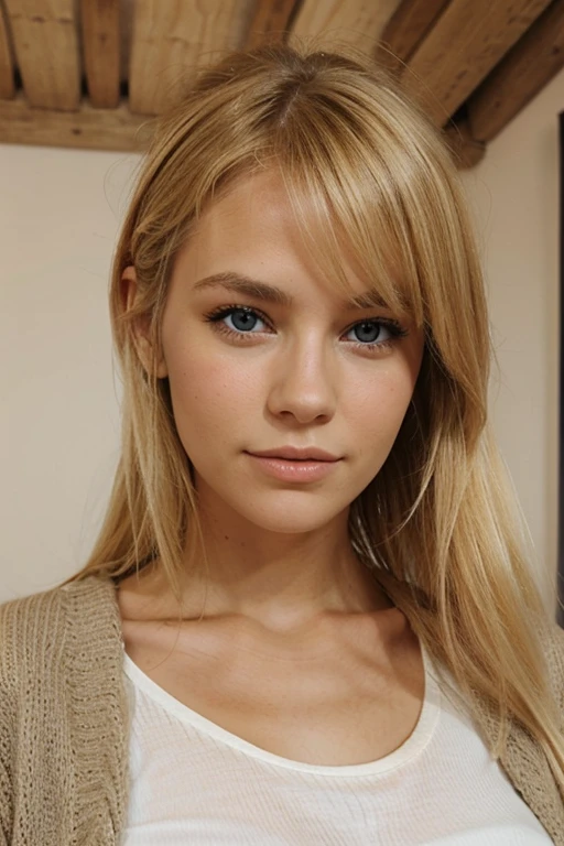 Jeune femme blonde cheveux longs yeux clairs