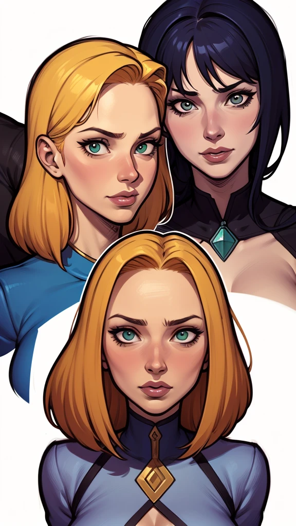um desenho de uma mulher com uma e e cabelo preto, Estilo de arte de Charlie Bowater, arte do personagem Charlie Bowater, drawn in the style of digite germe, estilo de charlie bowater, digite germe. alto detalhe, digite germe style, retrato de personagem em close, digite germe portrait, style digite germe, um desenho de duas mulheres em roupas verdes e amarelas, garota de anime desonesta, design de personagens de quadrinhos, fanart requintada altamente detalhada, conceito detalhado de corpo inteiro, High quality color sketch, Design de personagens de quadrinhos dos anos 90, conceito detalhado de corpo inteiro art, Design de personagens de corpo inteiro, design de personagens profissional, design de personagens de alta qualidade, arte conceitual colorida, design de personagem interessante, design de personagens altamente detalhado e charlie bowater