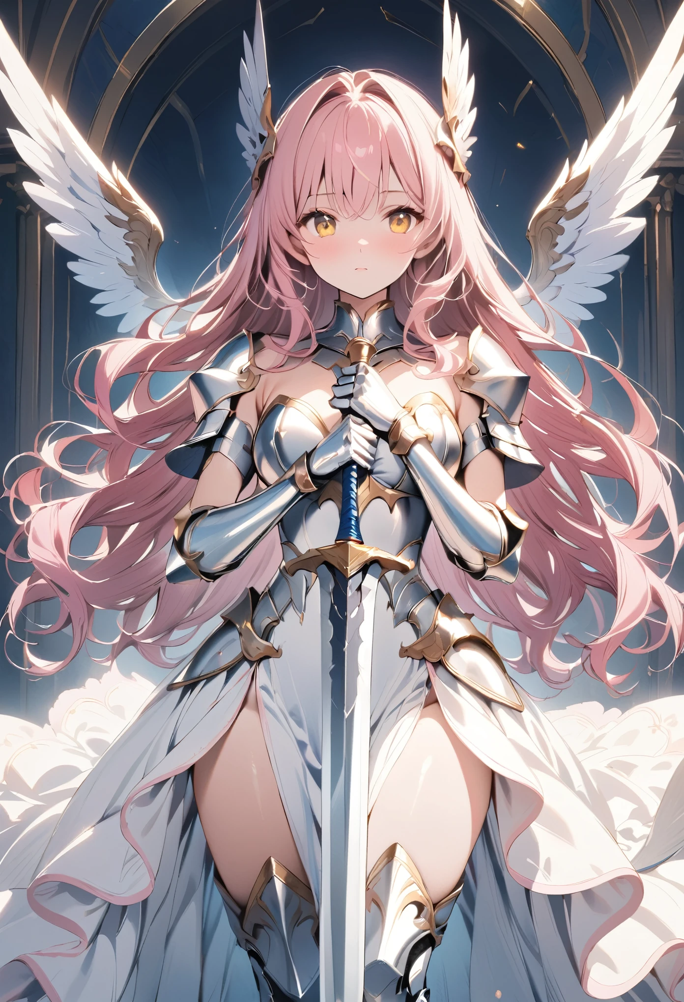 (masterpiece), best quality, 1girl, centered, Valkyrie, angel knight in withe dress and sliver armor, shiny armor, High-gloss armor, reflective metal armor, holding sword, (long_sword), pink long curly hair, yellow eyes, wings, white outfit, perfect lighting