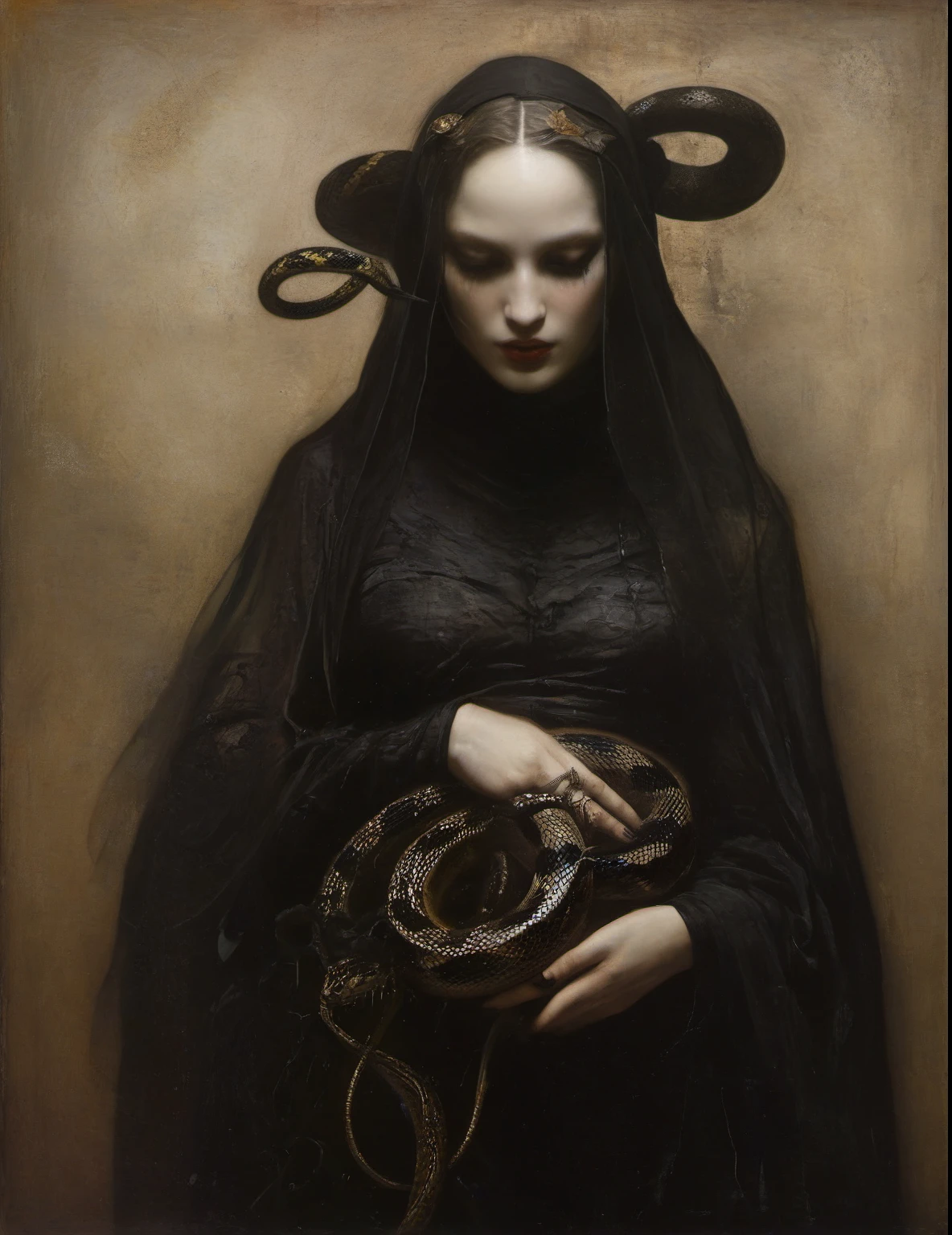 James Gurney, Surrealist art , dream-like, Mysterious, Provocative, symbolic, Complex, detailed,, (Gothic but very beautiful:1.4), (masterpiece, highest quality:1.4) , Nicola Samori Style, snake